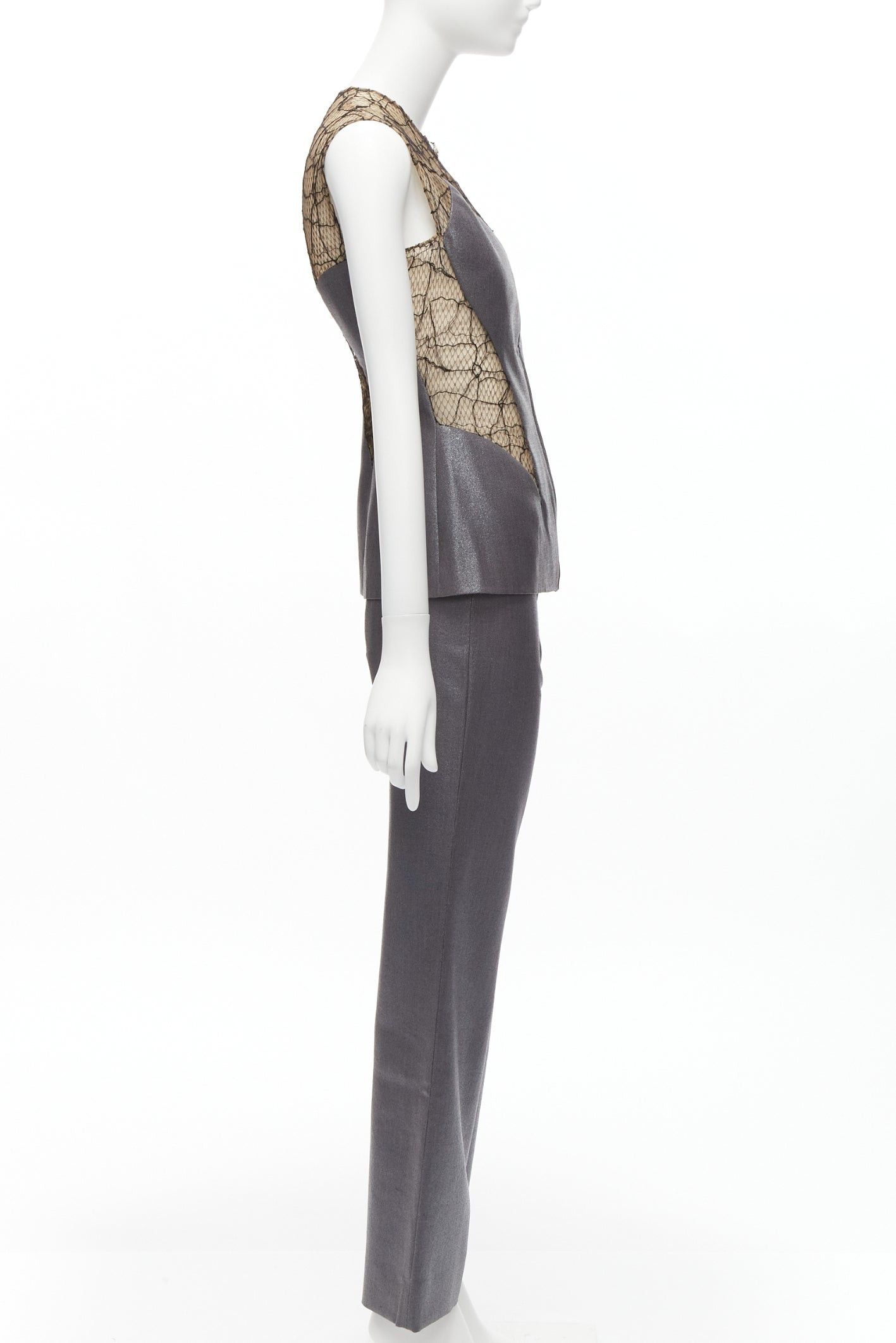 Versace GIANNI VERSACE Vintage Runway grey lurex nude lace mesh illusion panel vest pants suit set IT38 XS Size 26" / US 2 / IT 38 - 5 Thumbnail