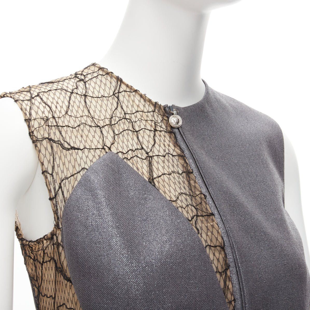 Versace GIANNI VERSACE Vintage Runway grey lurex nude lace mesh illusion panel vest pants suit set IT38 XS Size 26" / US 2 / IT 38 - 2 Thumbnail