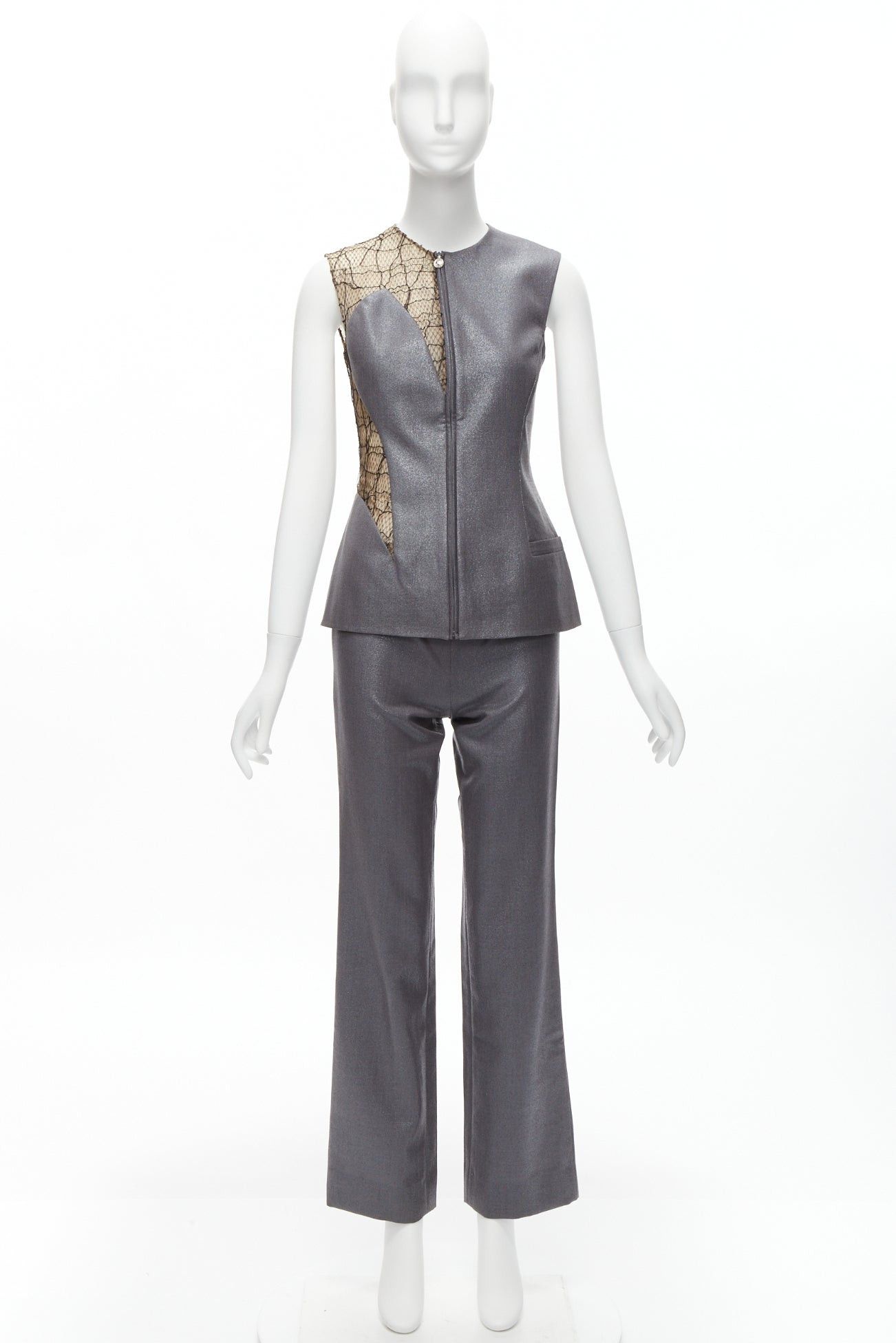 Versace GIANNI VERSACE Vintage Runway grey lurex nude lace mesh illusion panel vest pants suit set IT38 XS Size 26" / US 2 / IT 38 - 13 Thumbnail