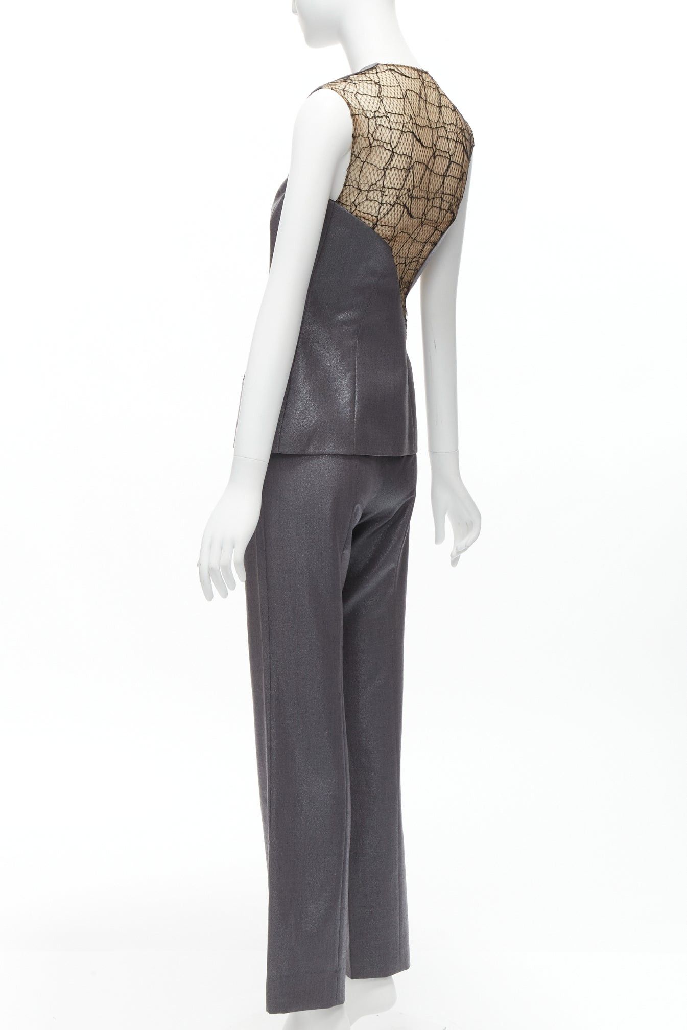 Versace GIANNI VERSACE Vintage Runway grey lurex nude lace mesh illusion panel vest pants suit set IT38 XS Size 26" / US 2 / IT 38 - 7 Thumbnail