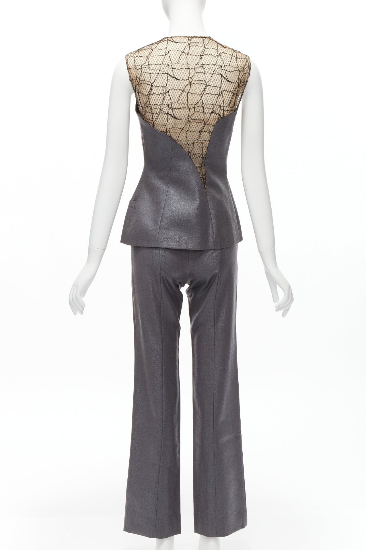 Versace GIANNI VERSACE Vintage Runway grey lurex nude lace mesh illusion panel vest pants suit set IT38 XS Size 26" / US 2 / IT 38 - 6 Thumbnail