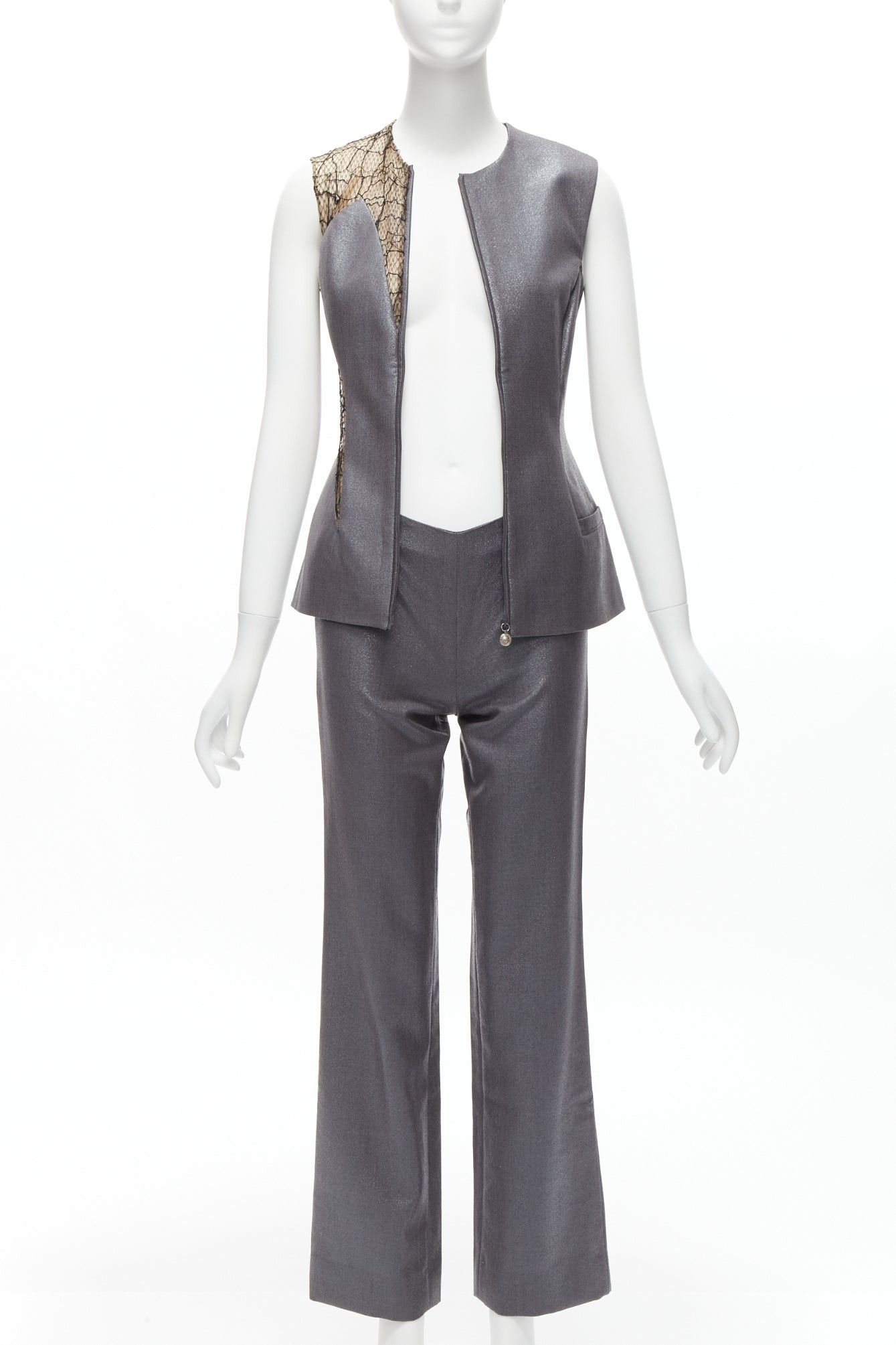 Versace GIANNI VERSACE Vintage Runway grey lurex nude lace mesh illusion panel vest pants suit set IT38 XS Size 26" / US 2 / IT 38 - 3 Thumbnail
