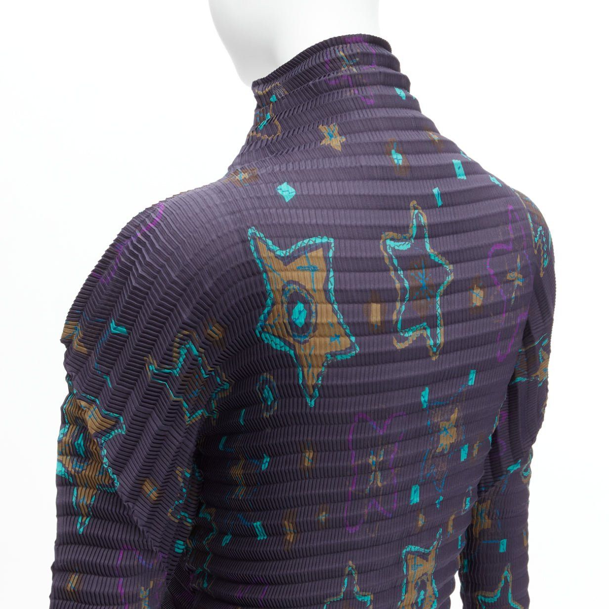 Issey Miyake rare ISSEY MIYAKE PLEATS PLEASE green star print dark blue stand collar pleated shirt top JP2 M Size M / US 6-8 / IT 42-44 - 2 Thumbnail