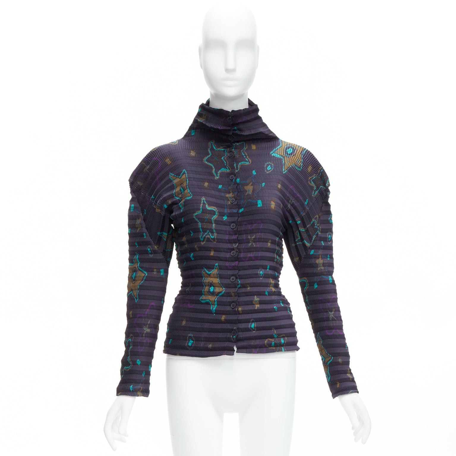Issey Miyake rare ISSEY MIYAKE PLEATS PLEASE green star print dark blue stand collar pleated shirt top JP2 M Size M / US 6-8 / IT 42-44 - 10 Thumbnail