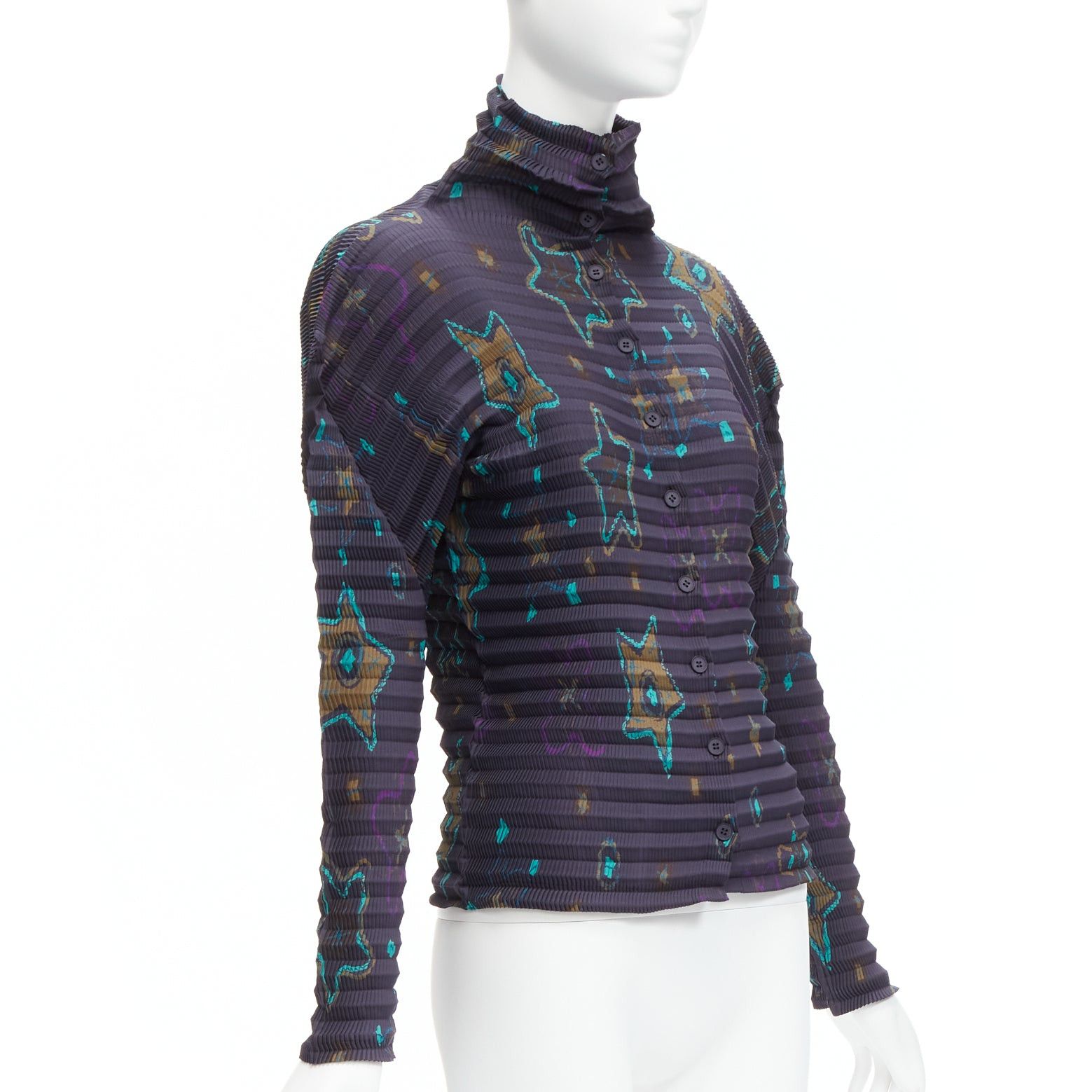 Issey Miyake rare ISSEY MIYAKE PLEATS PLEASE green star print dark blue stand collar pleated shirt top JP2 M Size M / US 6-8 / IT 42-44 - 3 Thumbnail