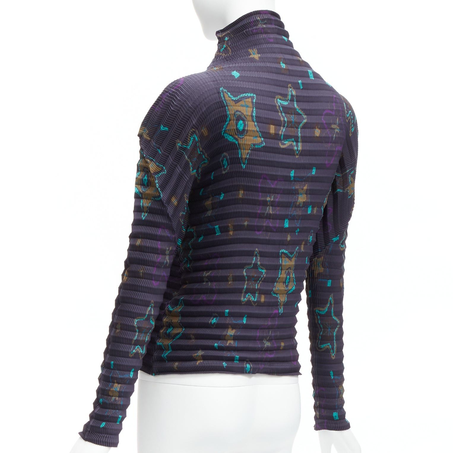 Issey Miyake rare ISSEY MIYAKE PLEATS PLEASE green star print dark blue stand collar pleated shirt top JP2 M Size M / US 6-8 / IT 42-44 - 6 Thumbnail