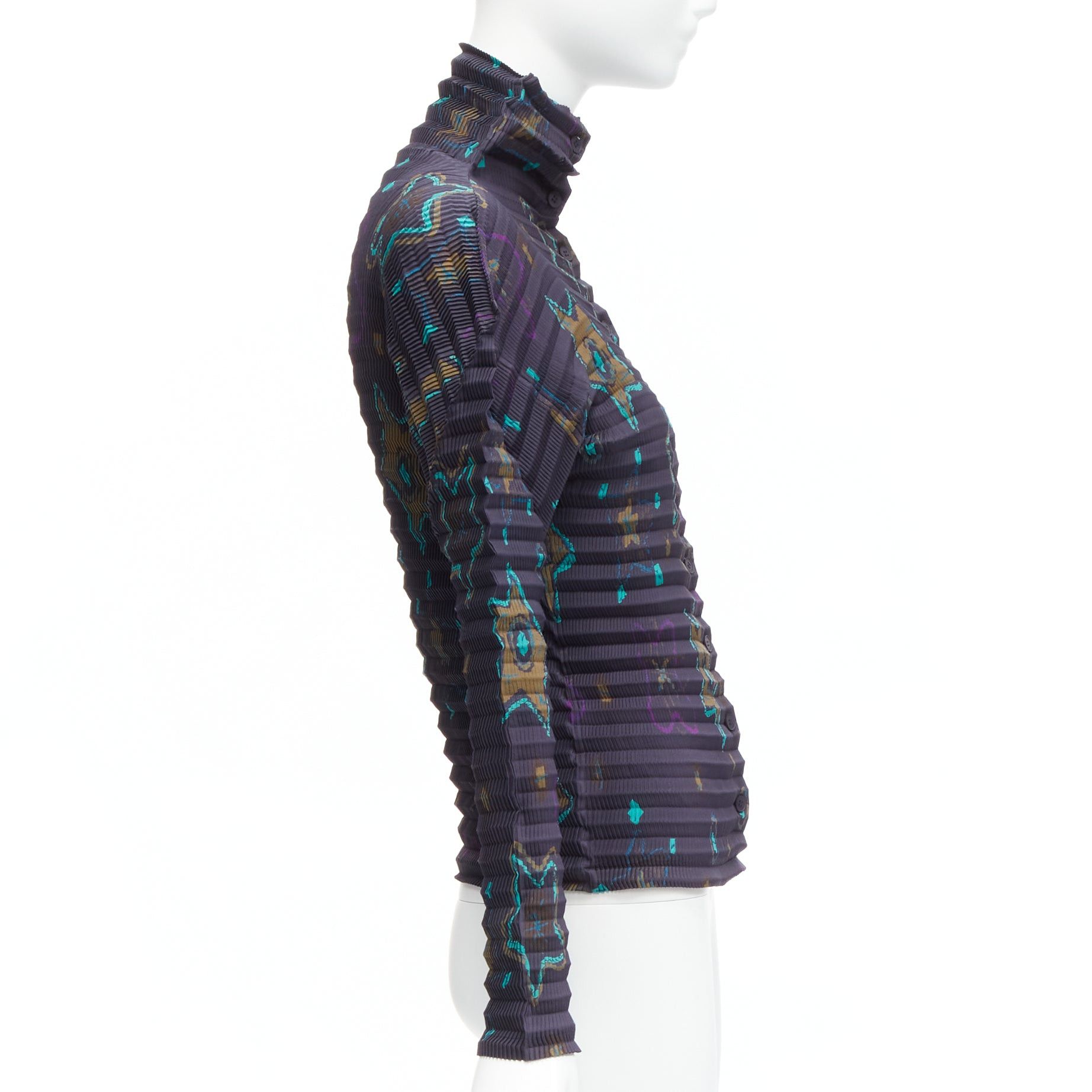 Issey Miyake rare ISSEY MIYAKE PLEATS PLEASE green star print dark blue stand collar pleated shirt top JP2 M Size M / US 6-8 / IT 42-44 - 4 Thumbnail