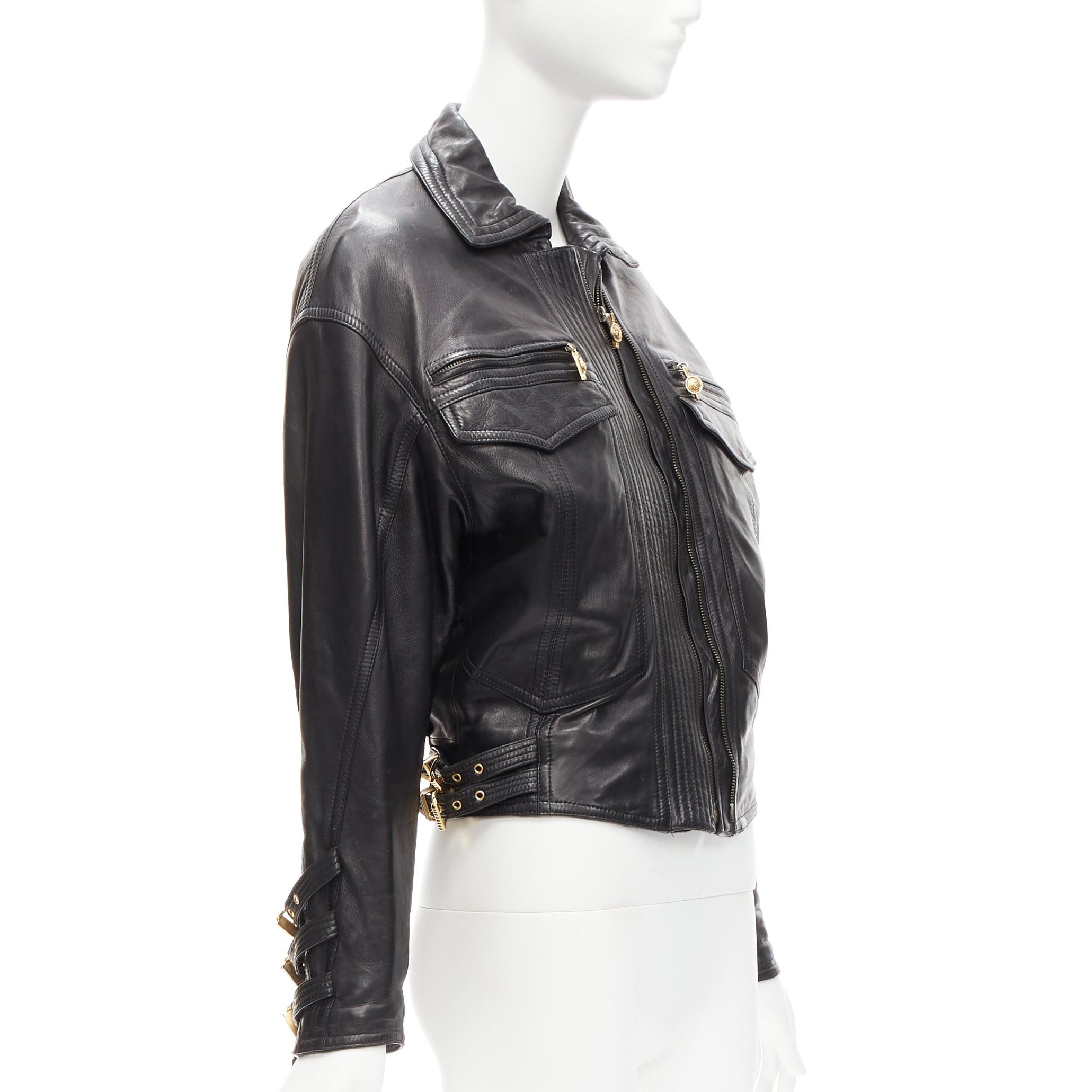 Versace GIANNI VERSACE 1992 S&M black leather gold bondage buckle bomber IT38 XS Size XS / US 0-2 / IT 36-38 - 4 Thumbnail