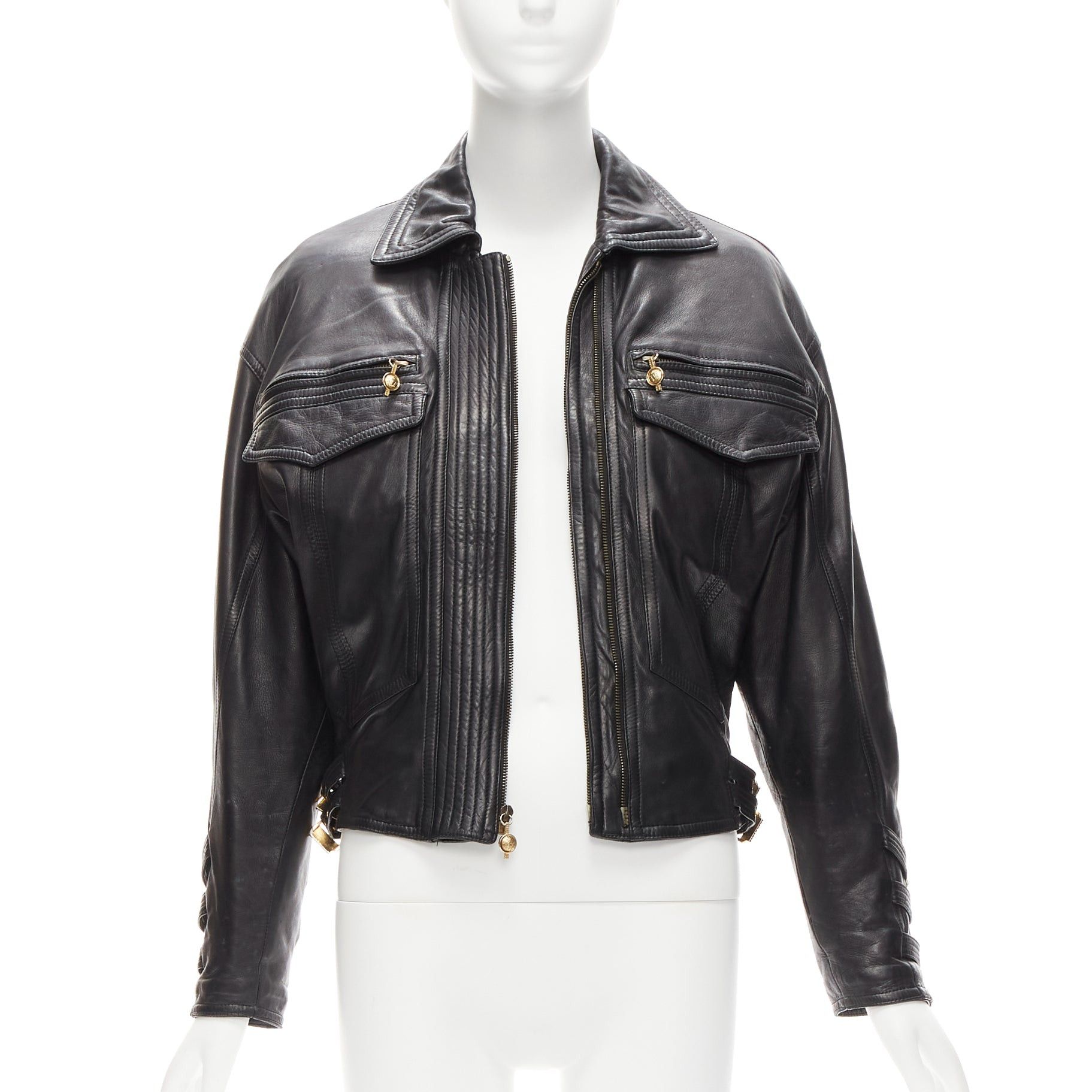 Versace GIANNI VERSACE 1992 S&M black leather gold bondage buckle bomber IT38 XS Size XS / US 0-2 / IT 36-38 - 3 Thumbnail