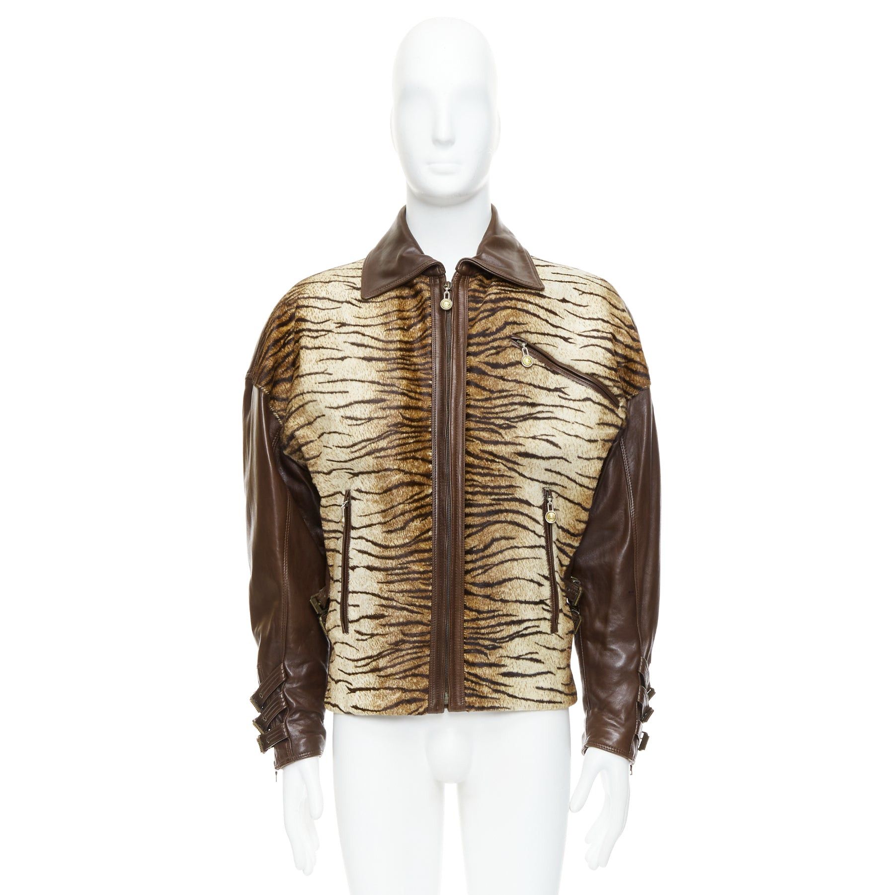 Versace GIANNI VERSACE 1992 Vintage S&M bondage buckle Tiger leather bomber jacket IT48 M Size US M / EU 48-50 / 2 - 11 Thumbnail