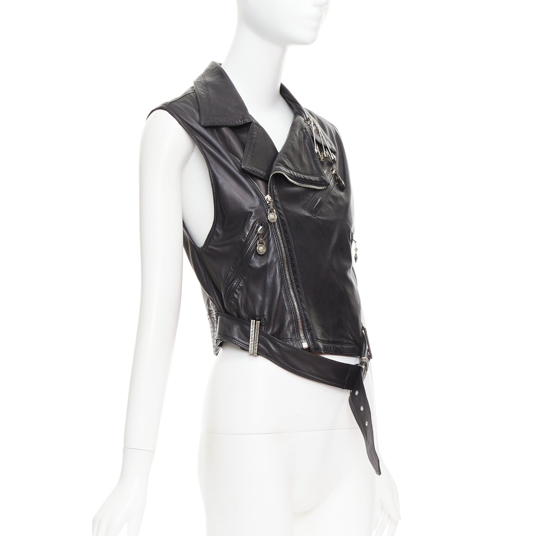 Versace GIANNI VERSACE 1994 Vintage leather medusa safety pin biker vest IT38 XS Size XS / US 0-2 / IT 36-38 - 4 Thumbnail