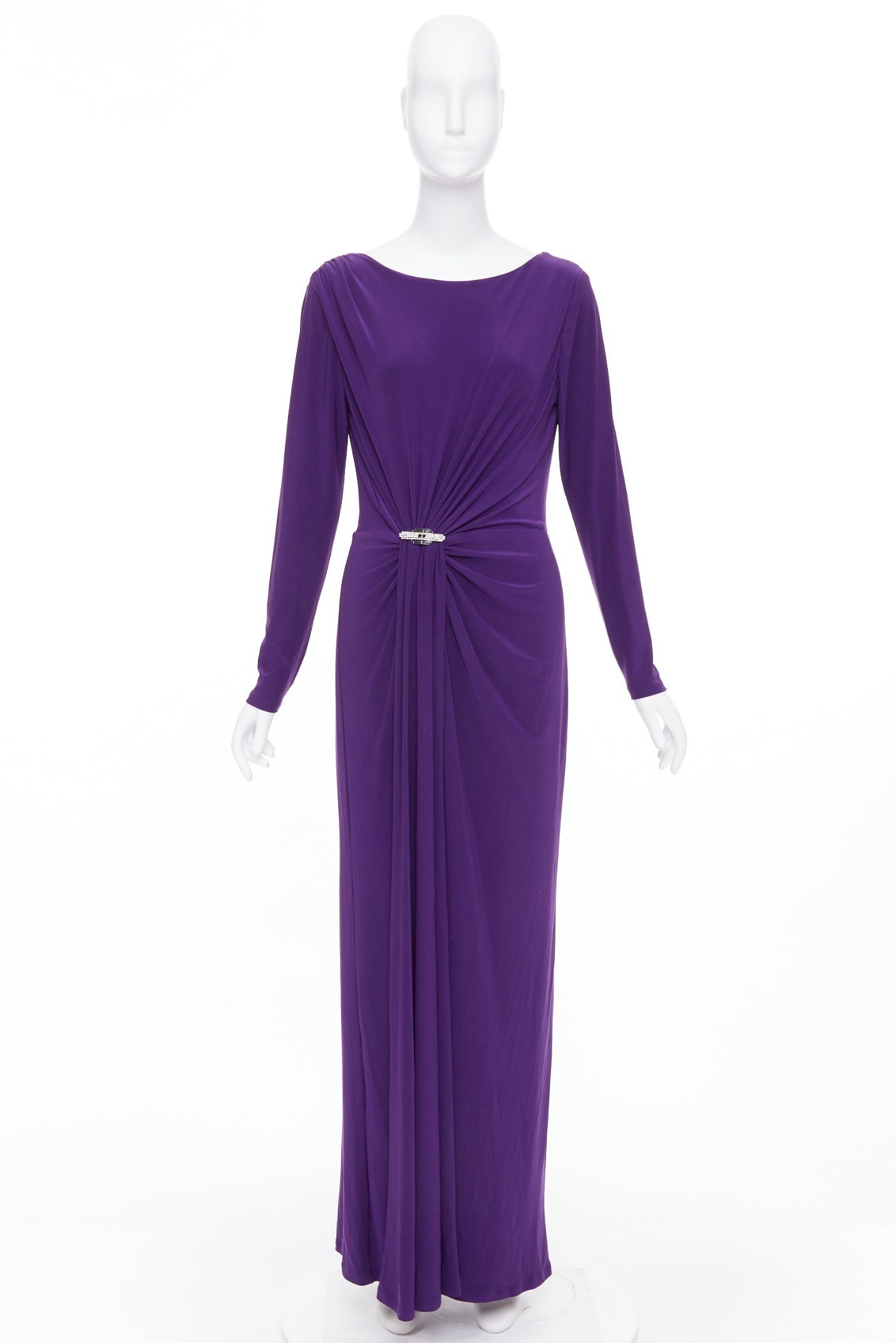 LAUREN BY RALPH LAUREN purple jersey silver strass buckle drape grecian  evening gown US12 XXL