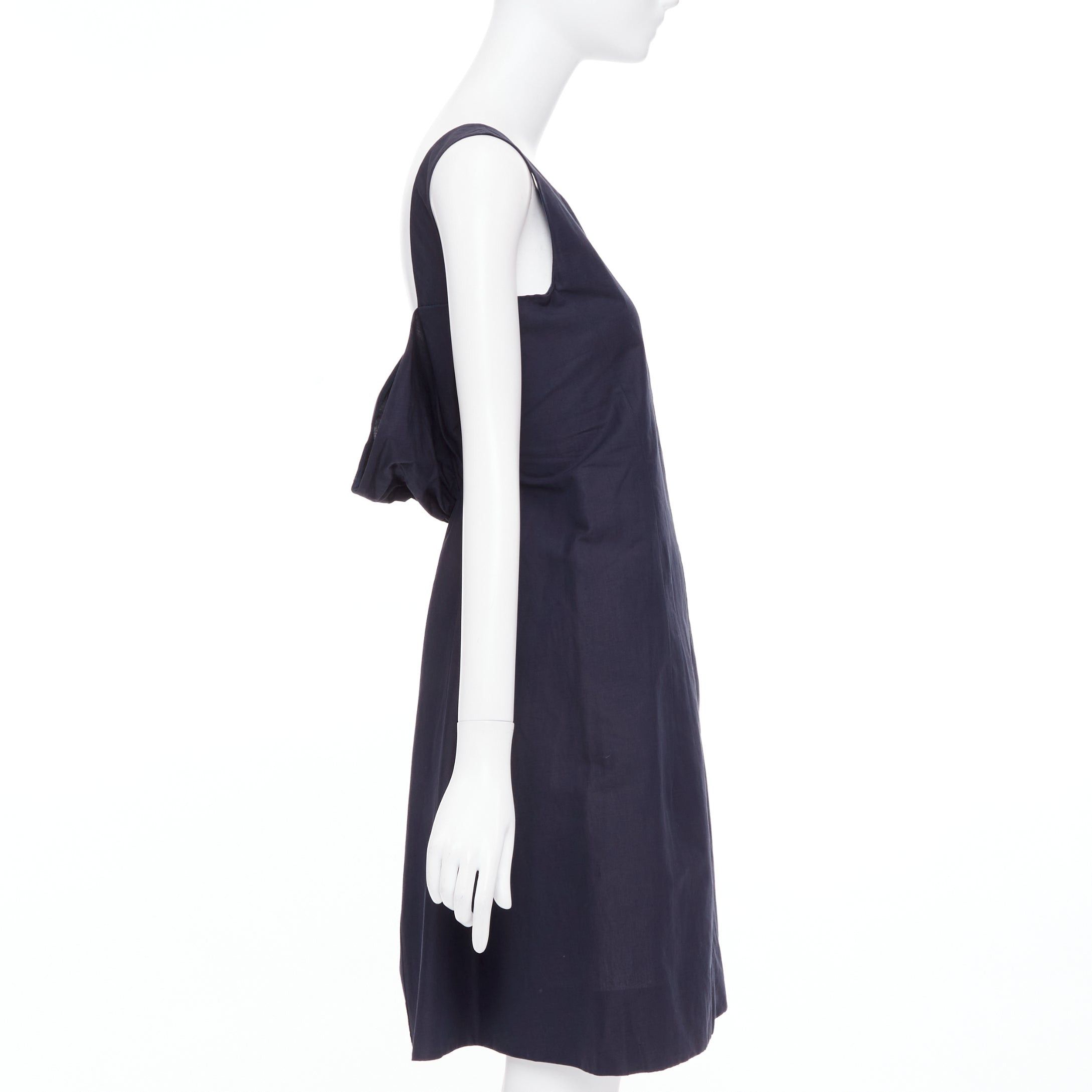 Marni MARNI navy cotton linen blend dipped cowl neck back shift dress IT38 XS Size XS / US 0-2 / IT 36-38 - 4 Thumbnail