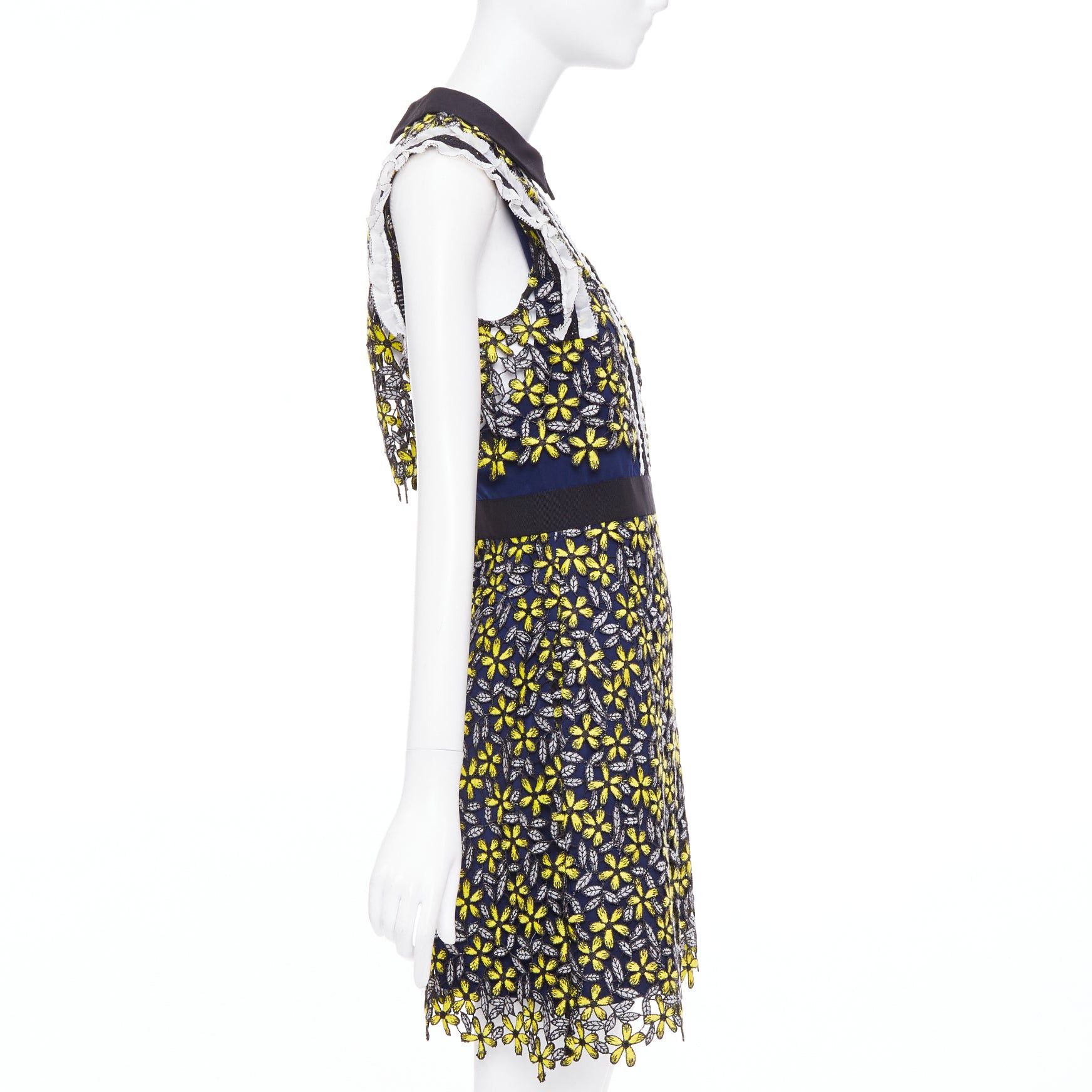Self-Portrait SELF PORTRAIT Eleina Sculpted Daisy Guipure yellow navy lace floral dress UK4 XXS Size XS / US 0-2 / IT 36-38 - 5 Thumbnail