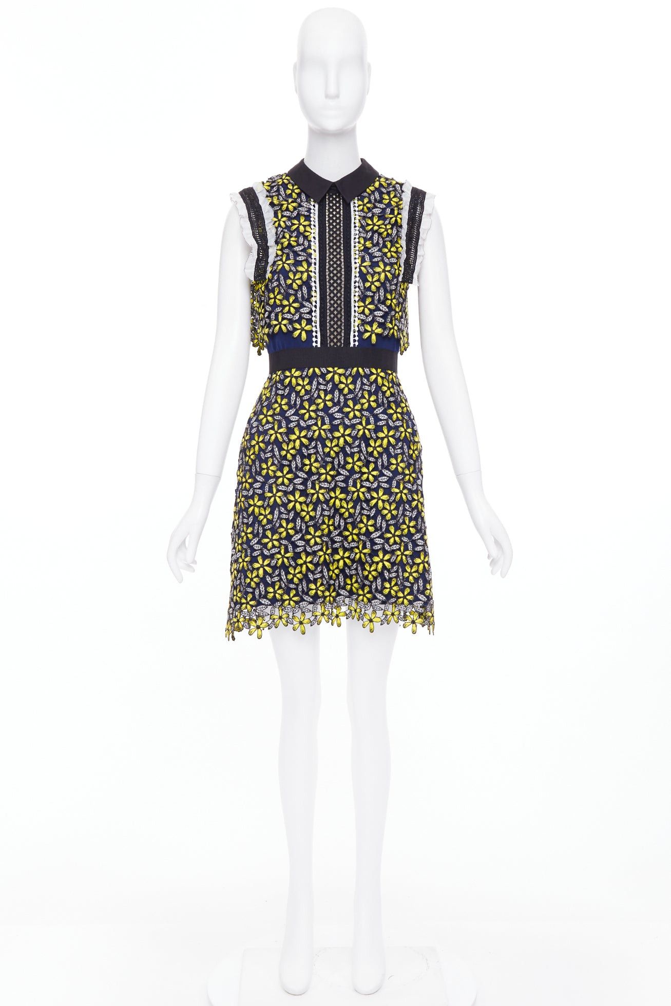 Self-Portrait SELF PORTRAIT Eleina Sculpted Daisy Guipure yellow navy lace floral dress UK4 XXS Size XS / US 0-2 / IT 36-38 - 9 Thumbnail