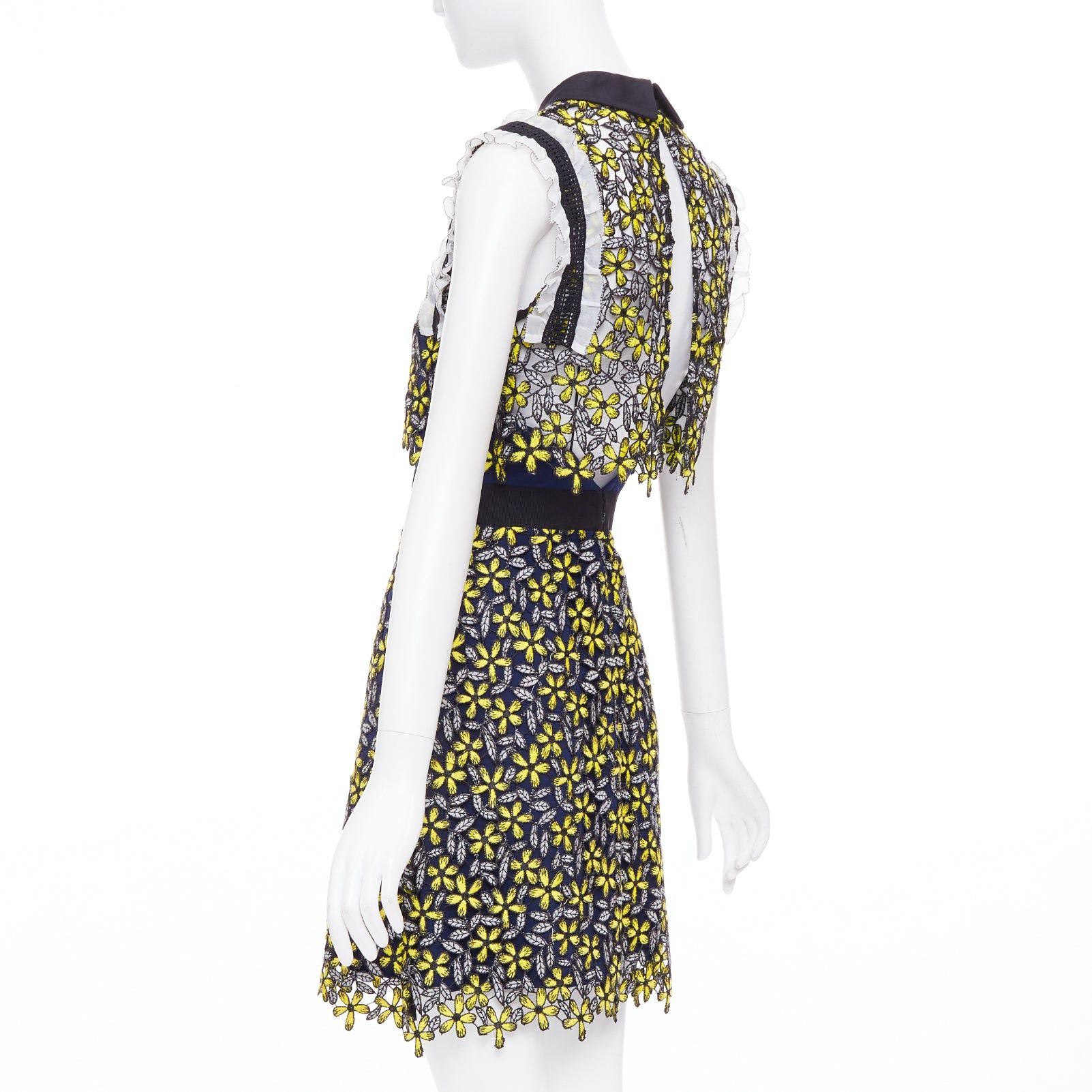 Self-Portrait SELF PORTRAIT Eleina Sculpted Daisy Guipure yellow navy lace floral dress UK4 XXS Size XS / US 0-2 / IT 36-38 - 6 Thumbnail
