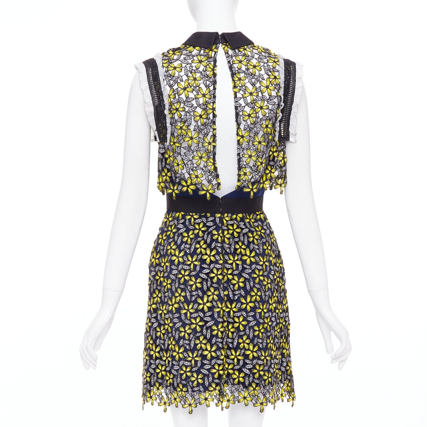 Self-Portrait SELF PORTRAIT Eleina Sculpted Daisy Guipure yellow navy lace floral dress UK4 XXS Size XS / US 0-2 / IT 36-38 - 4 Thumbnail