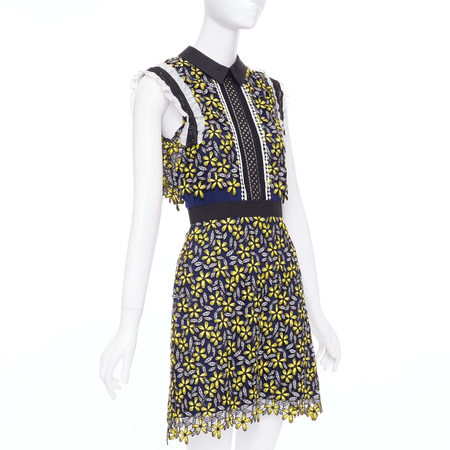 Self-Portrait SELF PORTRAIT Eleina Sculpted Daisy Guipure yellow navy lace floral dress UK4 XXS Size XS / US 0-2 / IT 36-38 - 3 Thumbnail