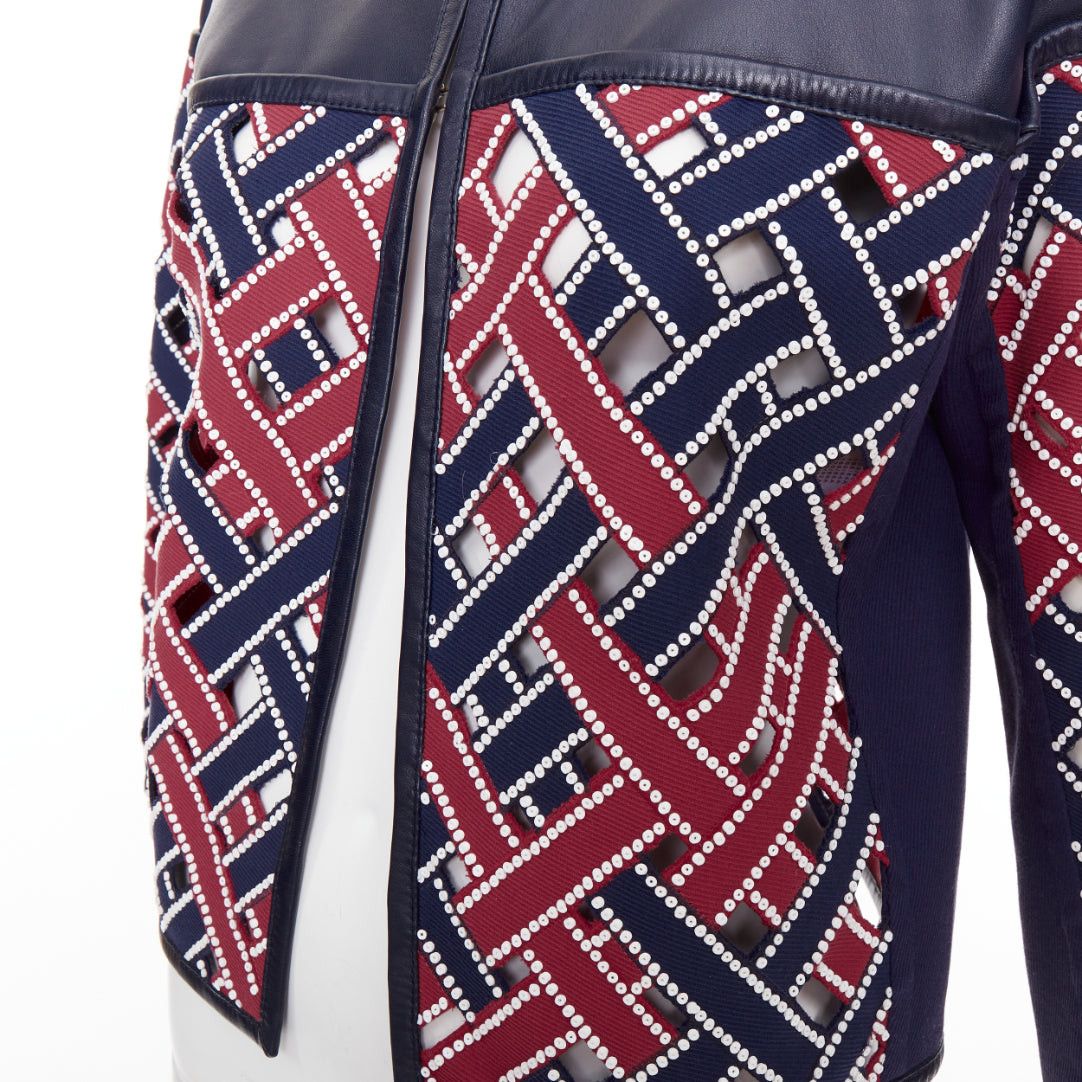 Louis Vuitton LOUIS VUITTON 2012 Runway navy red sequinned cut out woven leather jacket FR36 S Size S / US 4 / IT 40 - 2 Thumbnail