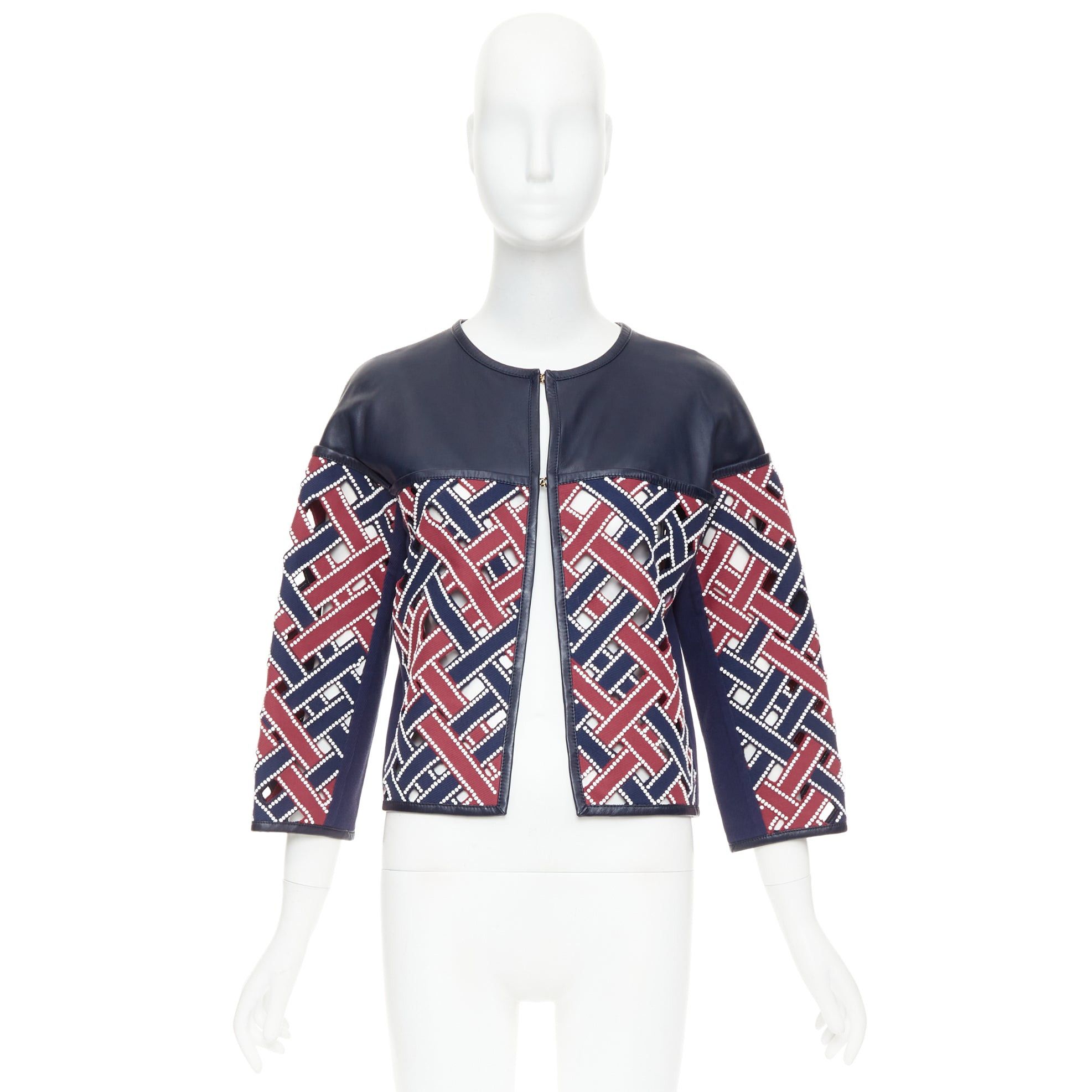 Louis Vuitton LOUIS VUITTON 2012 Runway navy red sequinned cut out woven leather jacket FR36 S Size S / US 4 / IT 40 - 9 Thumbnail
