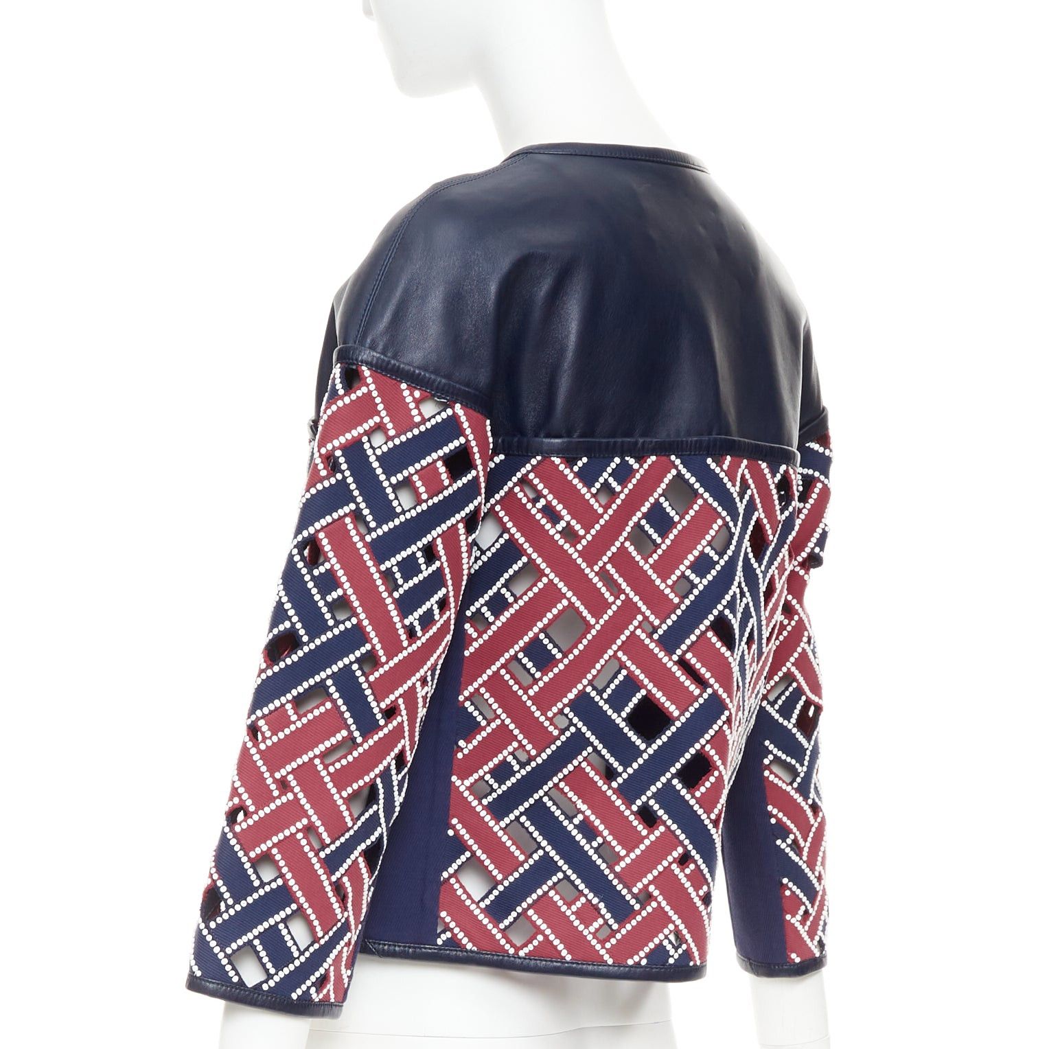 Louis Vuitton LOUIS VUITTON 2012 Runway navy red sequinned cut out woven leather jacket FR36 S Size S / US 4 / IT 40 - 7 Thumbnail