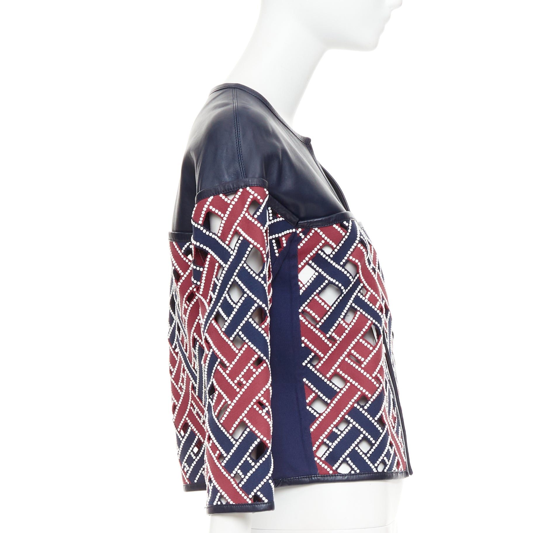 Louis Vuitton LOUIS VUITTON 2012 Runway navy red sequinned cut out woven leather jacket FR36 S Size S / US 4 / IT 40 - 5 Thumbnail