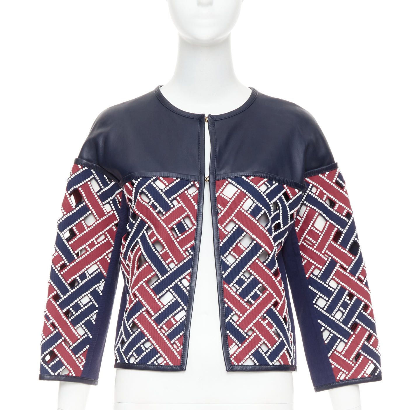 Louis Vuitton LOUIS VUITTON 2012 Runway navy red sequinned cut out woven leather jacket FR36 S Size S / US 4 / IT 40 - 3 Thumbnail
