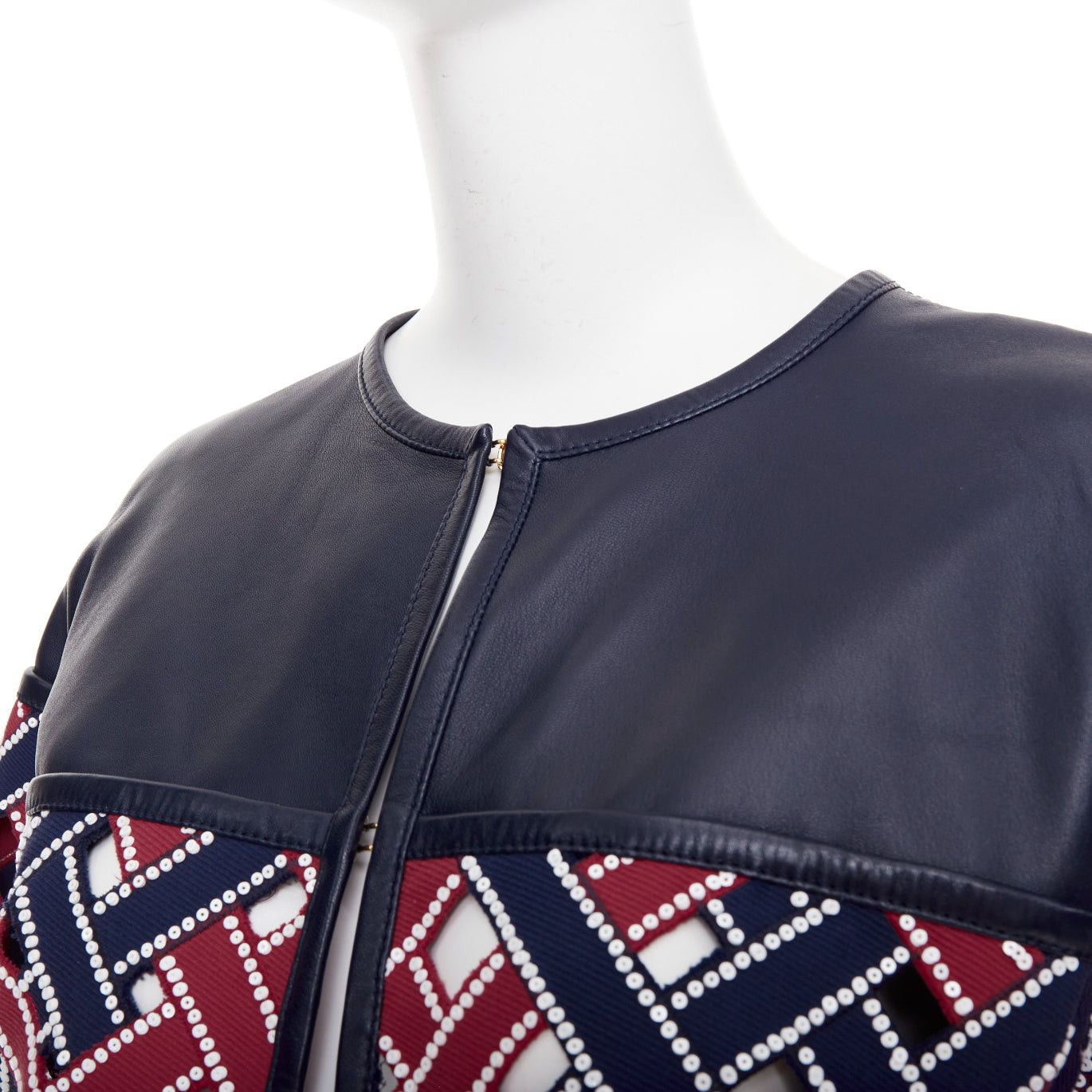Louis Vuitton LOUIS VUITTON 2012 Runway navy red sequinned cut out woven leather jacket FR36 S Size S / US 4 / IT 40 - 8 Thumbnail