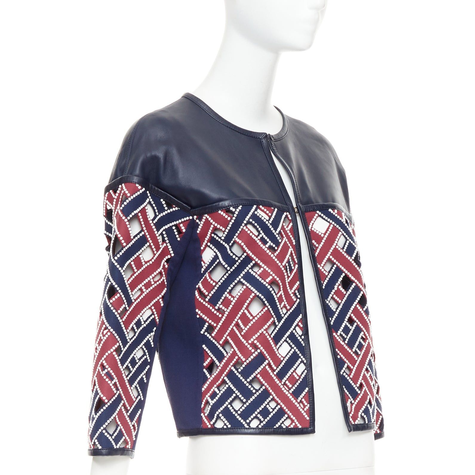 Louis Vuitton LOUIS VUITTON 2012 Runway navy red sequinned cut out woven leather jacket FR36 S Size S / US 4 / IT 40 - 4 Thumbnail