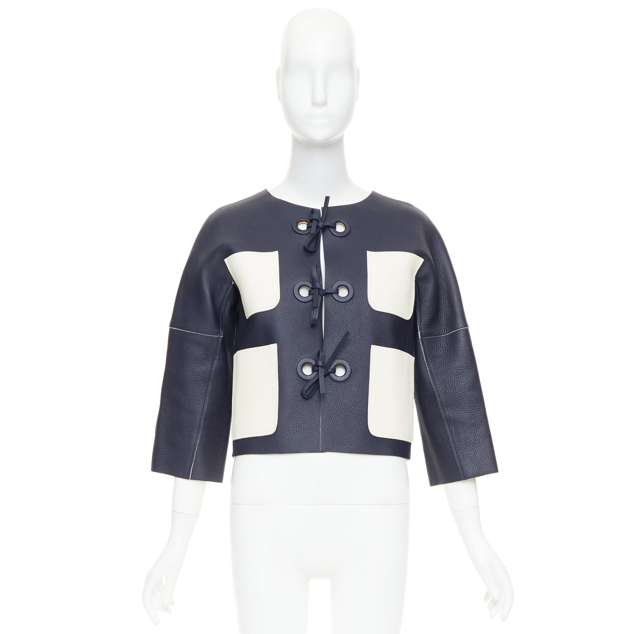 Louis Vuitton LOUIS VUITTON navy off white textured leather tie front jacket FR36 M Size S / US 4 / IT 40 - 11 Thumbnail