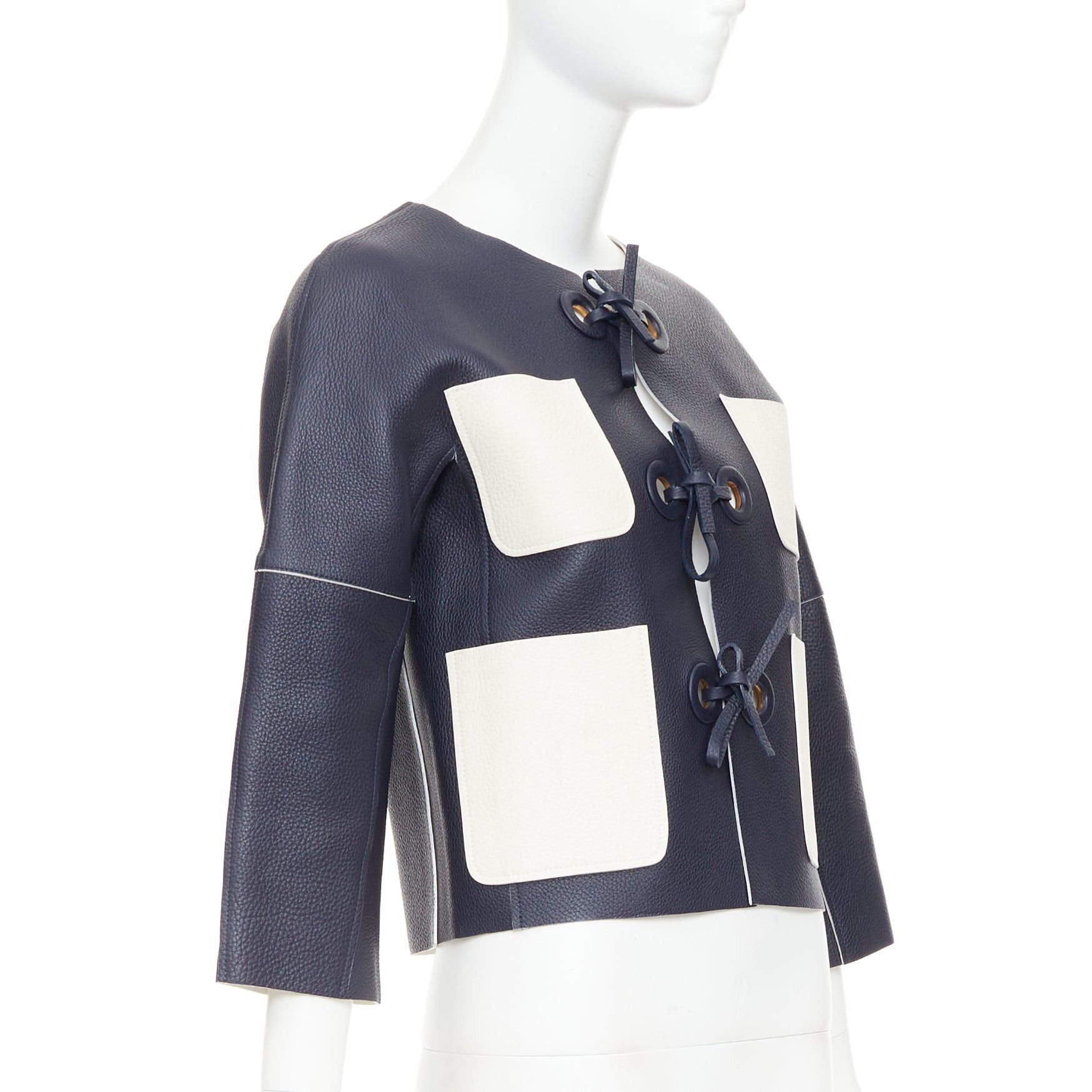 Louis Vuitton LOUIS VUITTON navy off white textured leather tie front jacket FR36 M Size S / US 4 / IT 40 - 4 Thumbnail