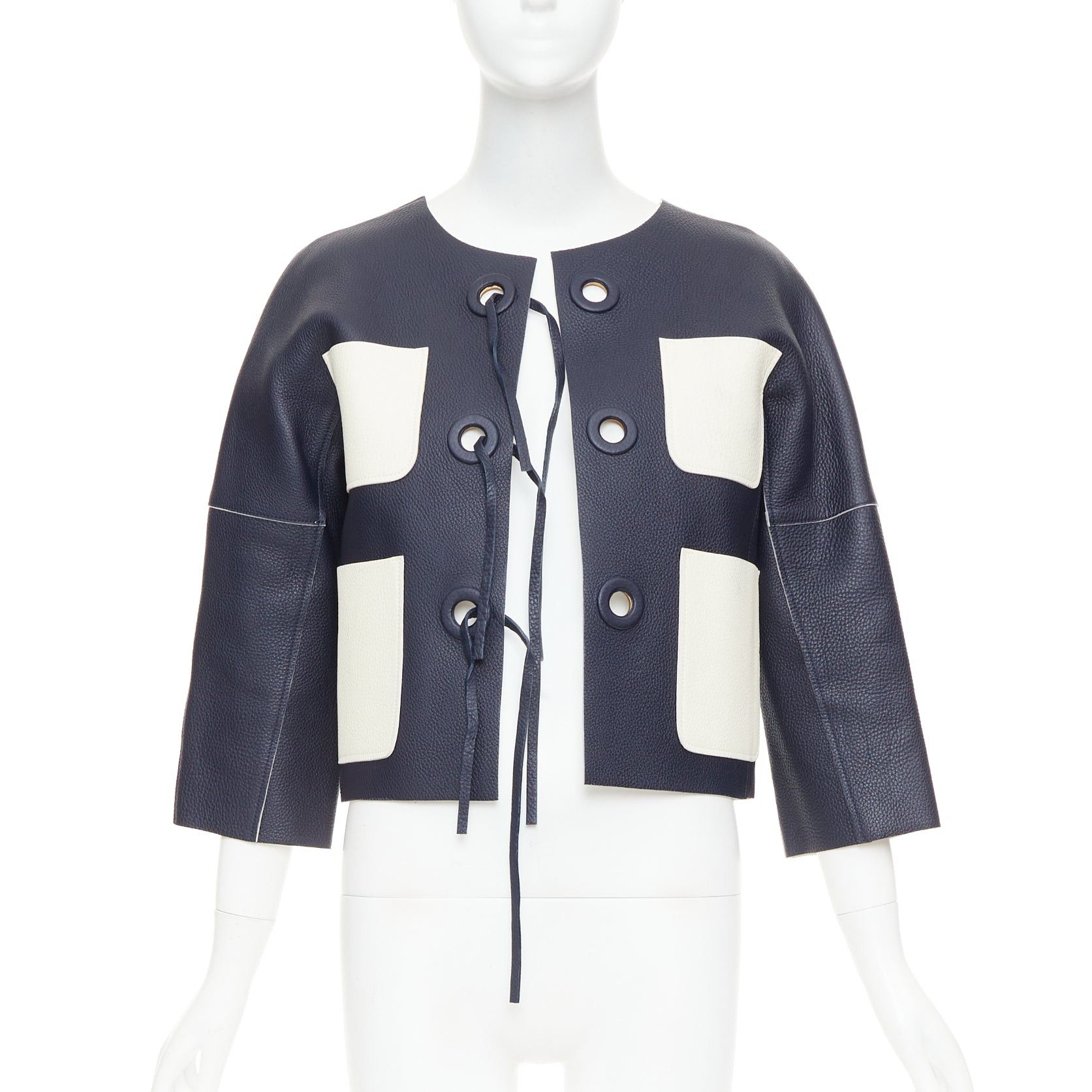 Louis Vuitton LOUIS VUITTON navy off white textured leather tie front jacket FR36 M Size S / US 4 / IT 40 - 3 Thumbnail