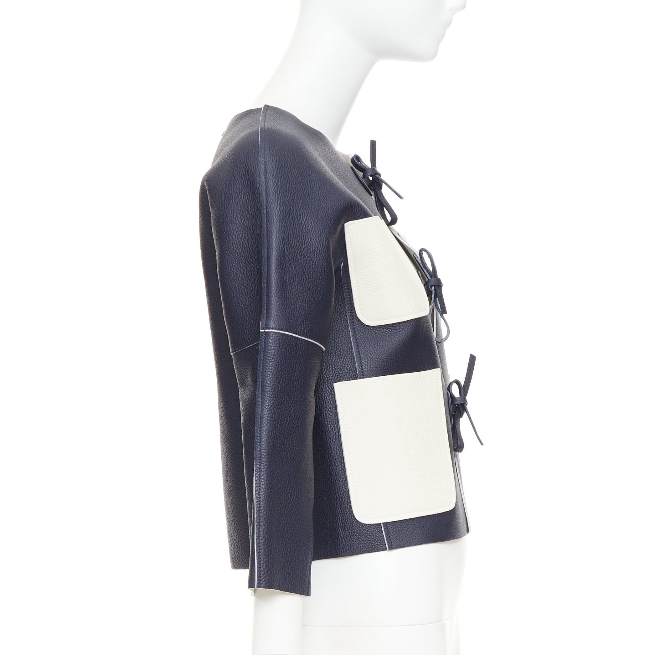 Louis Vuitton LOUIS VUITTON navy off white textured leather tie front jacket FR36 M Size S / US 4 / IT 40 - 5 Thumbnail