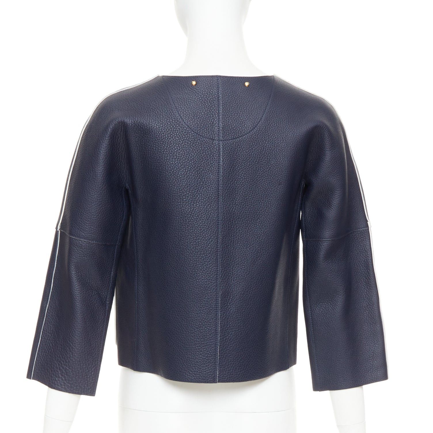 Louis Vuitton LOUIS VUITTON navy off white textured leather tie front jacket FR36 M Size S / US 4 / IT 40 - 6 Thumbnail