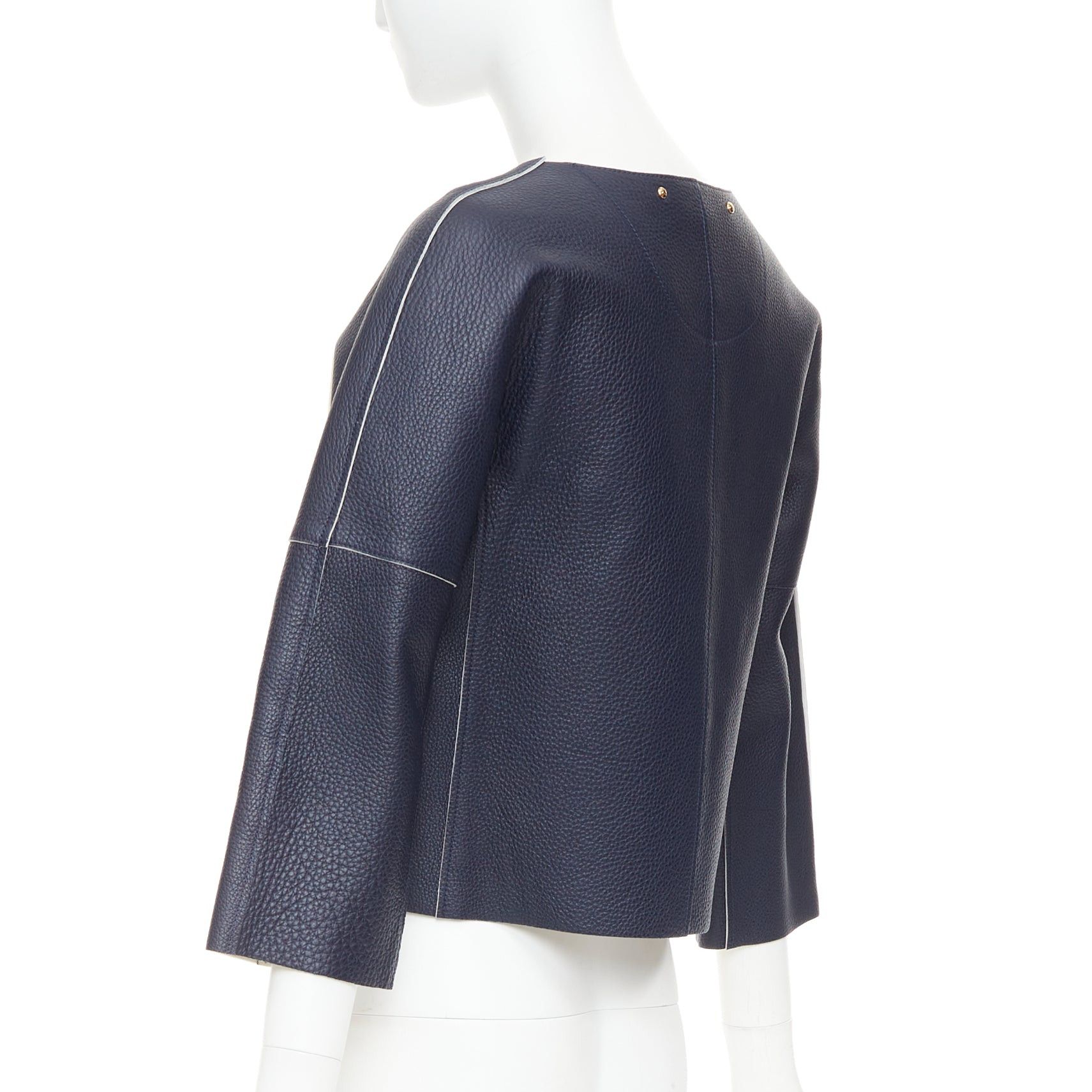 Louis Vuitton LOUIS VUITTON navy off white textured leather tie front jacket FR36 M Size S / US 4 / IT 40 - 7 Thumbnail