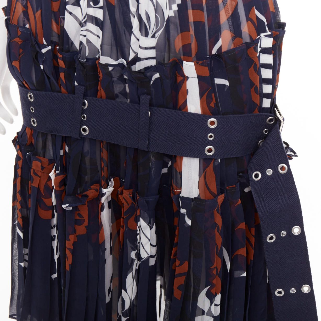Sacai SACAI 2016 navy orange white printed pleated cotton eyelet belt skirt JP1 S Size 28" / US 6 / IT 42 - 2 Thumbnail