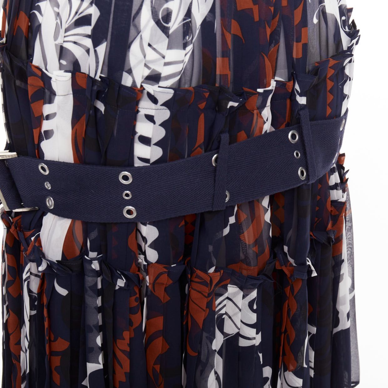 Sacai SACAI 2016 navy orange white printed pleated cotton eyelet belt skirt JP1 S Size 28" / US 6 / IT 42 - 7 Thumbnail