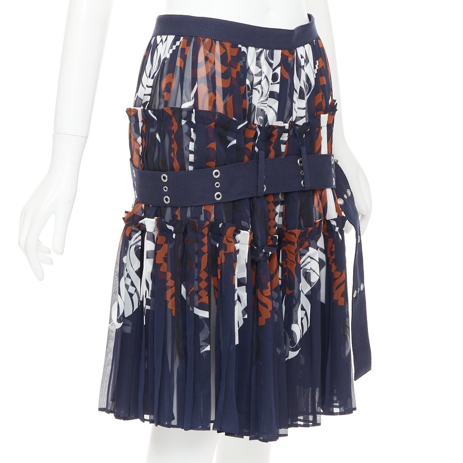 Sacai SACAI 2016 navy orange white printed pleated cotton eyelet belt skirt JP1 S Size 28" / US 6 / IT 42 - 3 Thumbnail