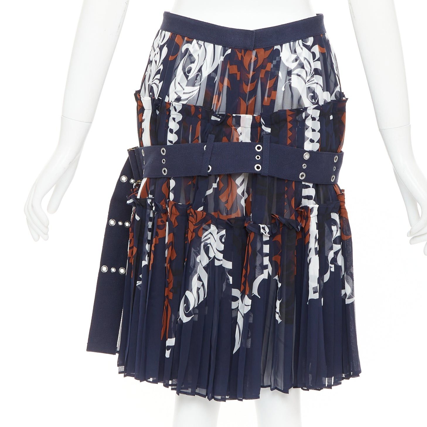 Sacai SACAI 2016 navy orange white printed pleated cotton eyelet belt skirt JP1 S Size 28" / US 6 / IT 42 - 5 Thumbnail