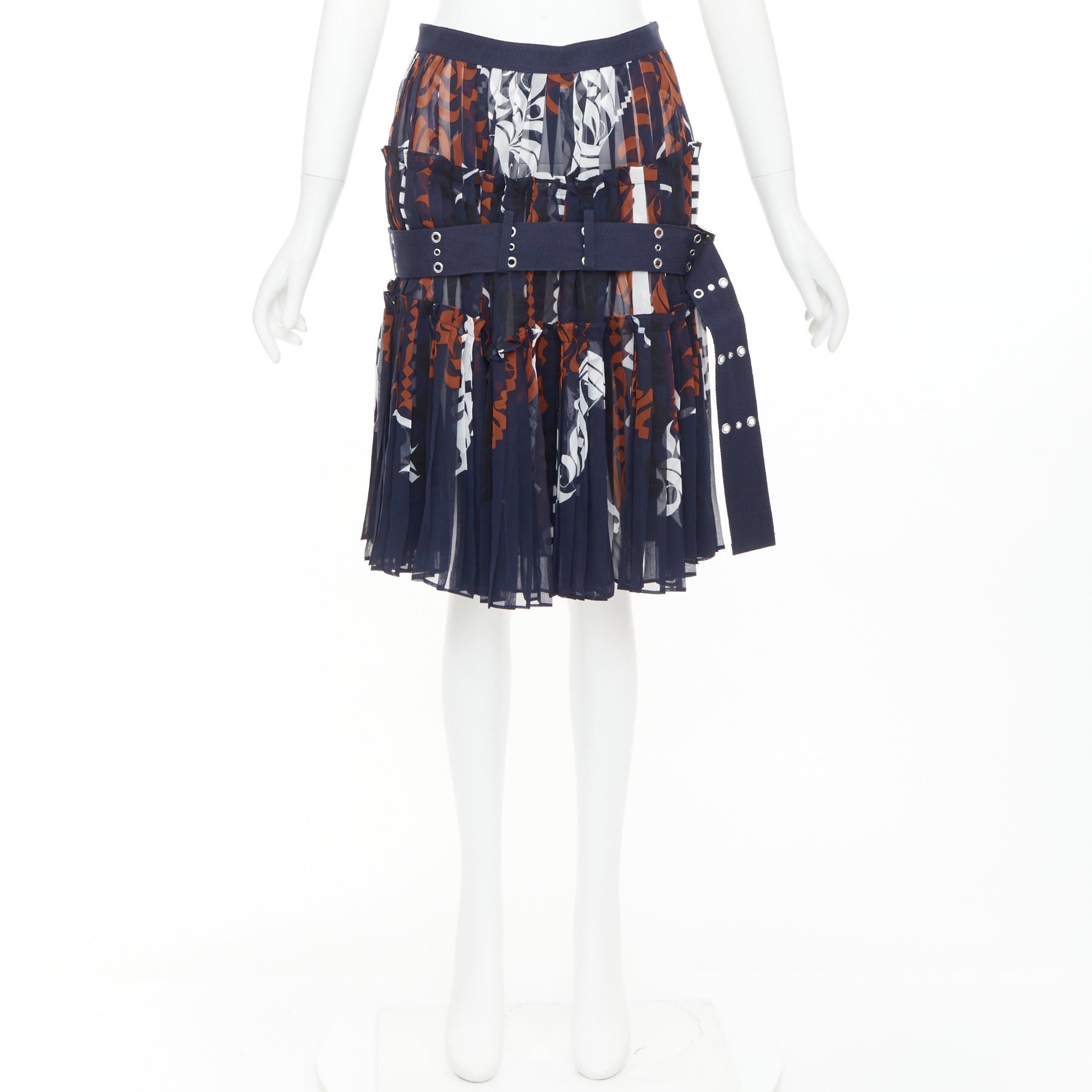 Sacai SACAI 2016 navy orange white printed pleated cotton eyelet belt skirt JP1 S Size 28" / US 6 / IT 42 - 9 Thumbnail
