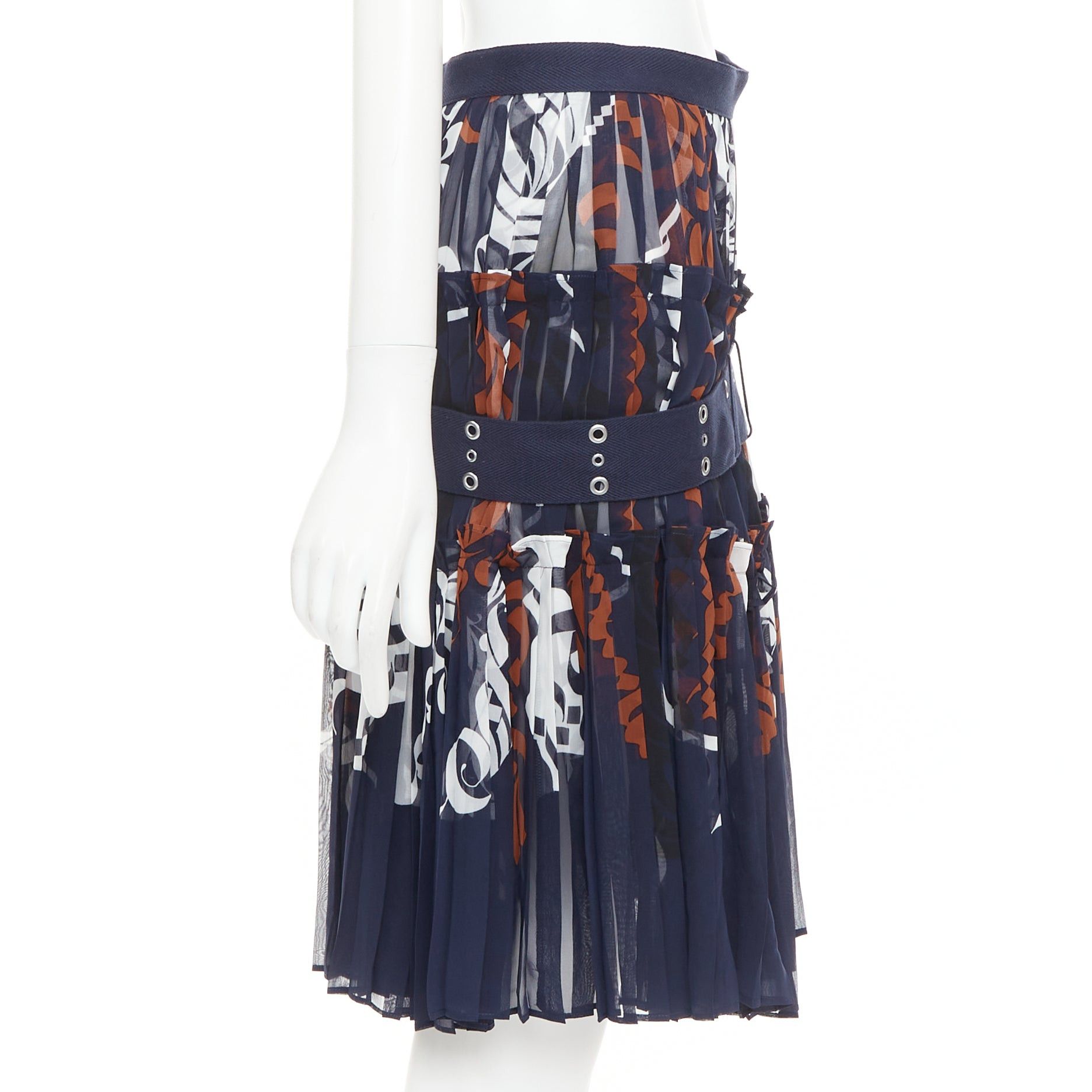 Sacai SACAI 2016 navy orange white printed pleated cotton eyelet belt skirt JP1 S Size 28" / US 6 / IT 42 - 4 Thumbnail