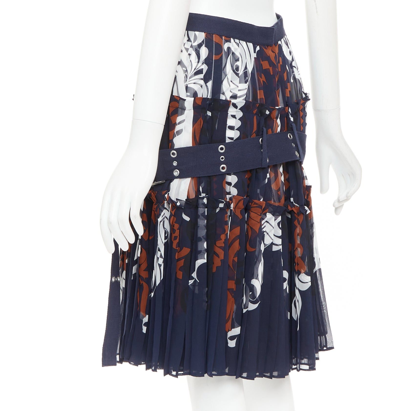 Sacai SACAI 2016 navy orange white printed pleated cotton eyelet belt skirt JP1 S Size 28" / US 6 / IT 42 - 6 Thumbnail
