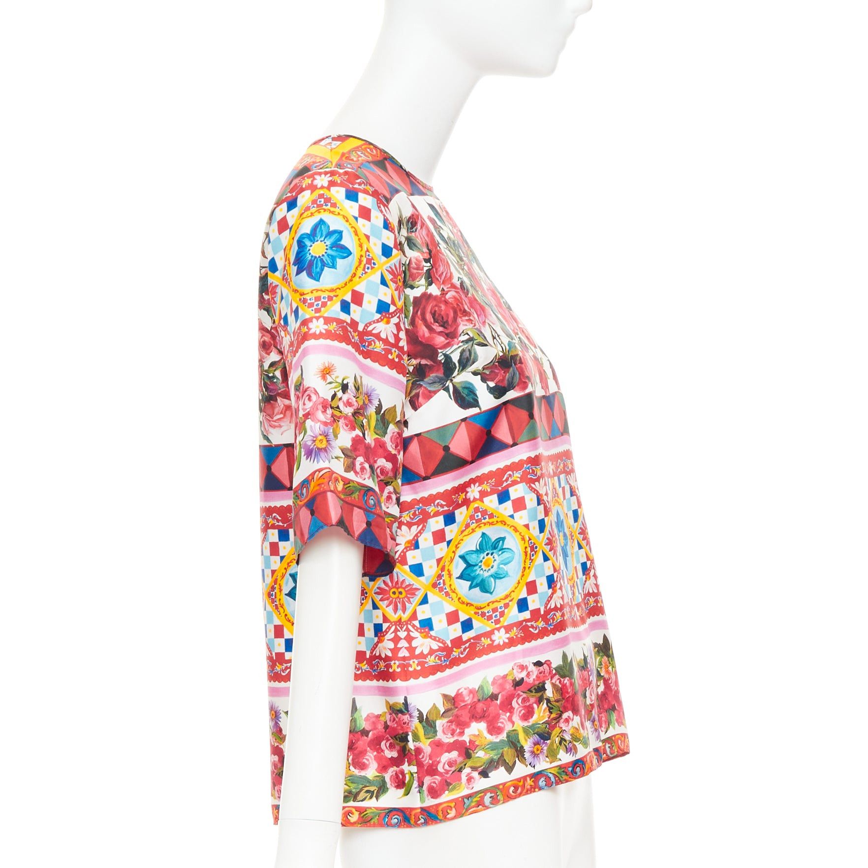 Dolce & Gabbana DOLCE GABBANA Carretto Roses pink multicolor print silk crew top IT38 XS Size XS / US 0-2 / IT 36-38 - 4 Thumbnail