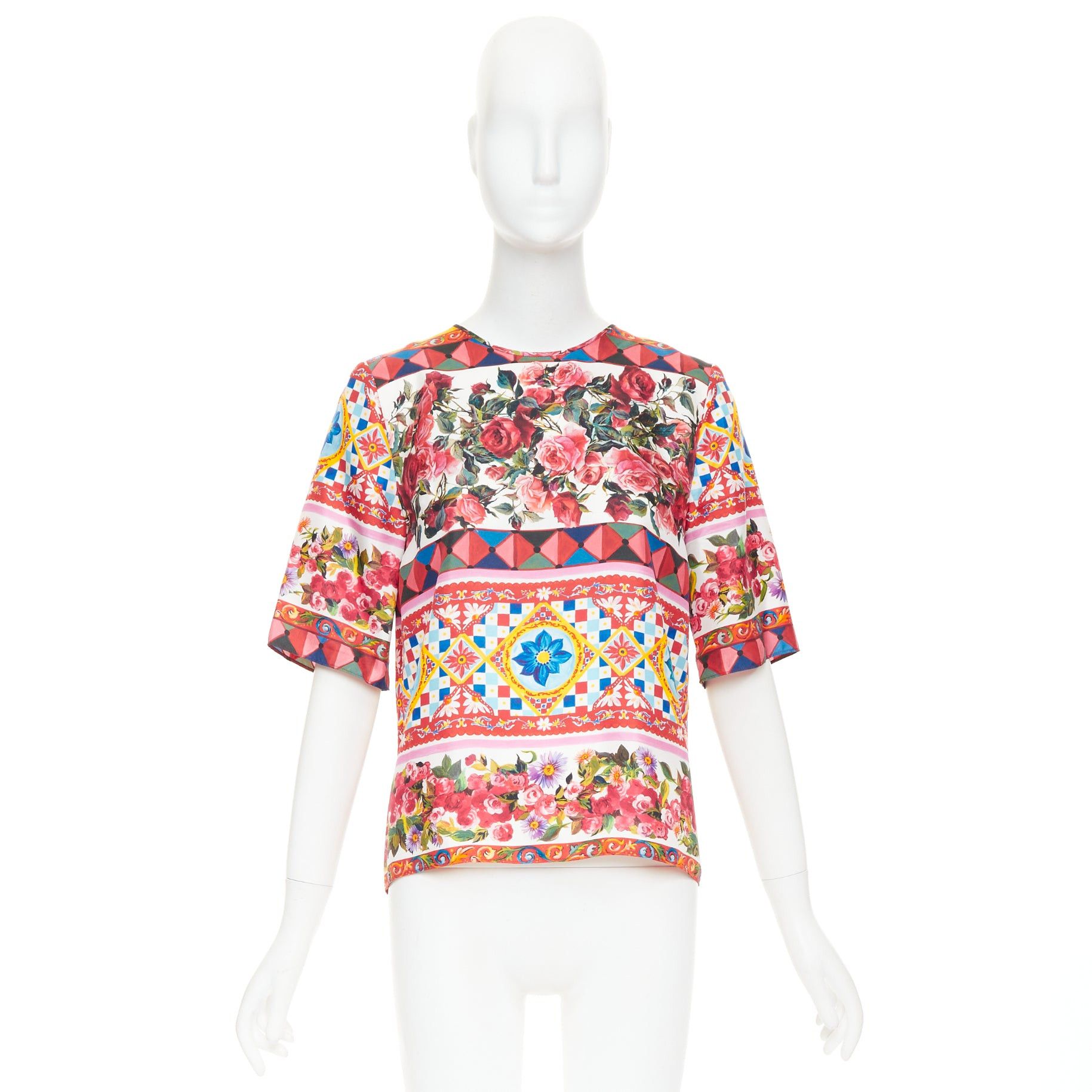 Dolce & Gabbana DOLCE GABBANA Carretto Roses pink multicolor print silk crew top IT38 XS Size XS / US 0-2 / IT 36-38 - 9 Thumbnail