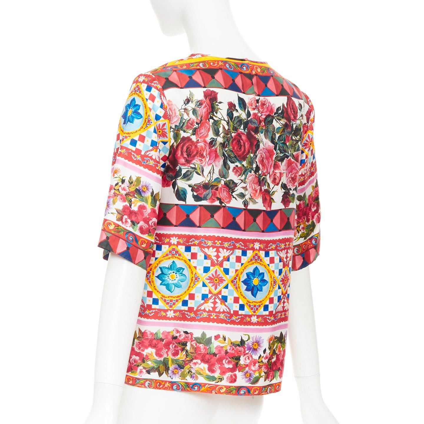 Dolce & Gabbana DOLCE GABBANA Carretto Roses pink multicolor print silk crew top IT38 XS Size XS / US 0-2 / IT 36-38 - 6 Thumbnail