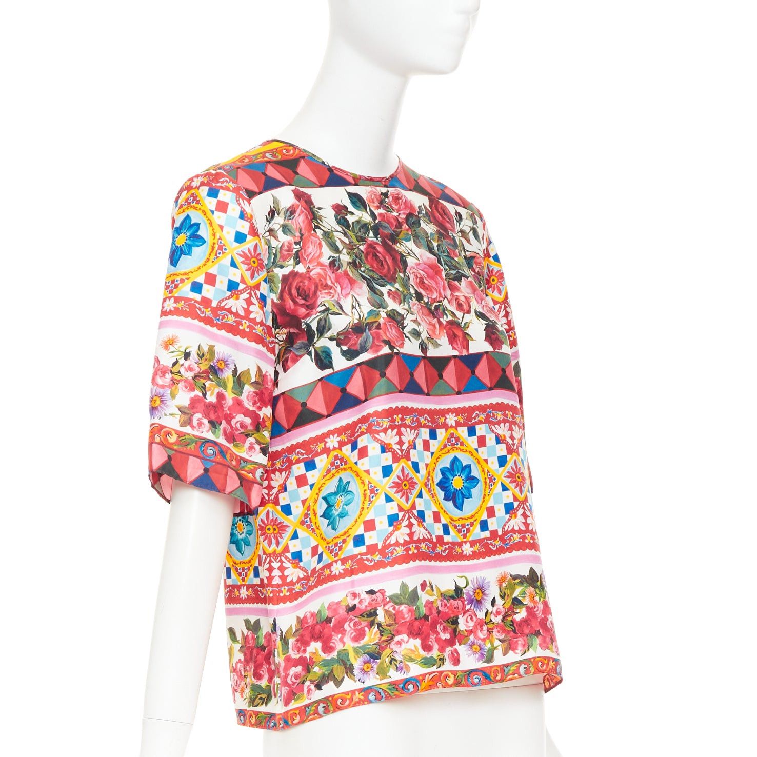 Dolce & Gabbana DOLCE GABBANA Carretto Roses pink multicolor print silk crew top IT38 XS Size XS / US 0-2 / IT 36-38 - 3 Thumbnail
