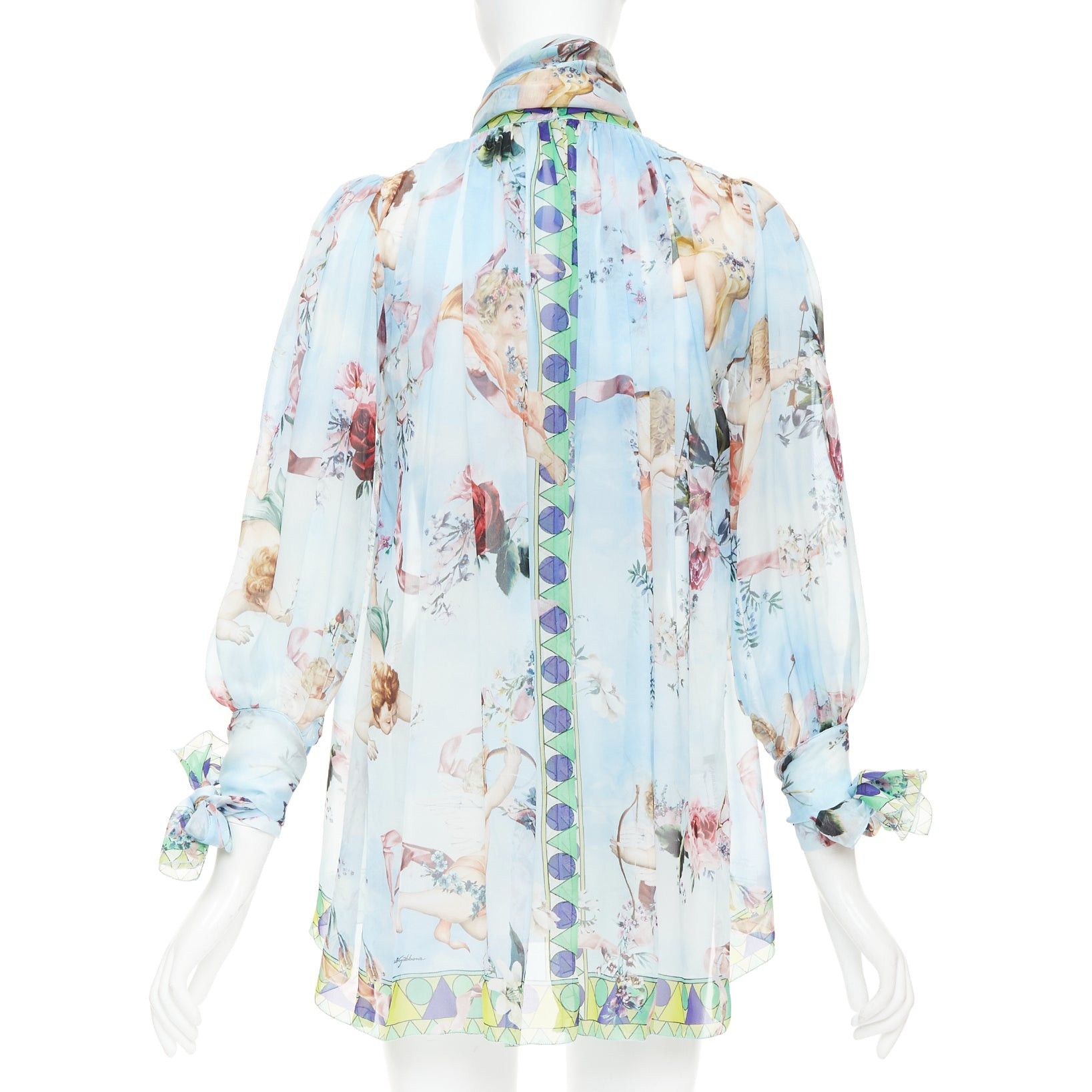Dolce & Gabbana DOLCE GABBANA 100% silk blue Cherub Cupids print pussybow sheer blouse IT40 S Size S / US 4 / IT 40 - 5 Thumbnail