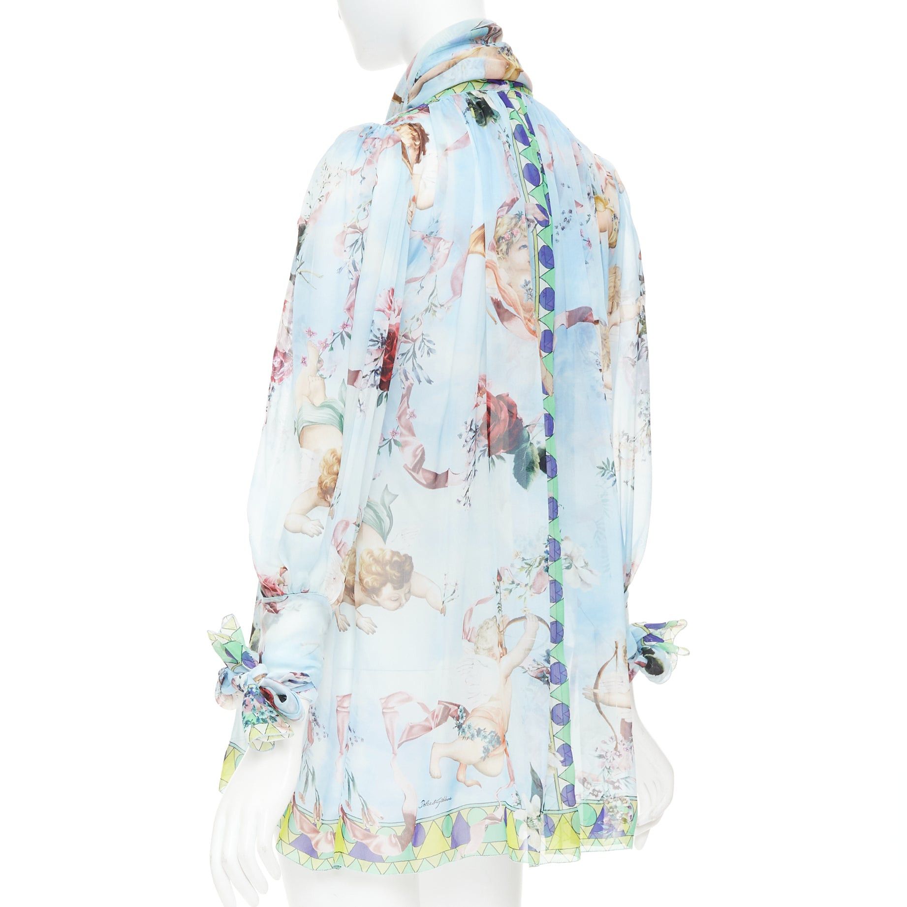 Dolce & Gabbana DOLCE GABBANA 100% silk blue Cherub Cupids print pussybow sheer blouse IT40 S Size S / US 4 / IT 40 - 6 Thumbnail