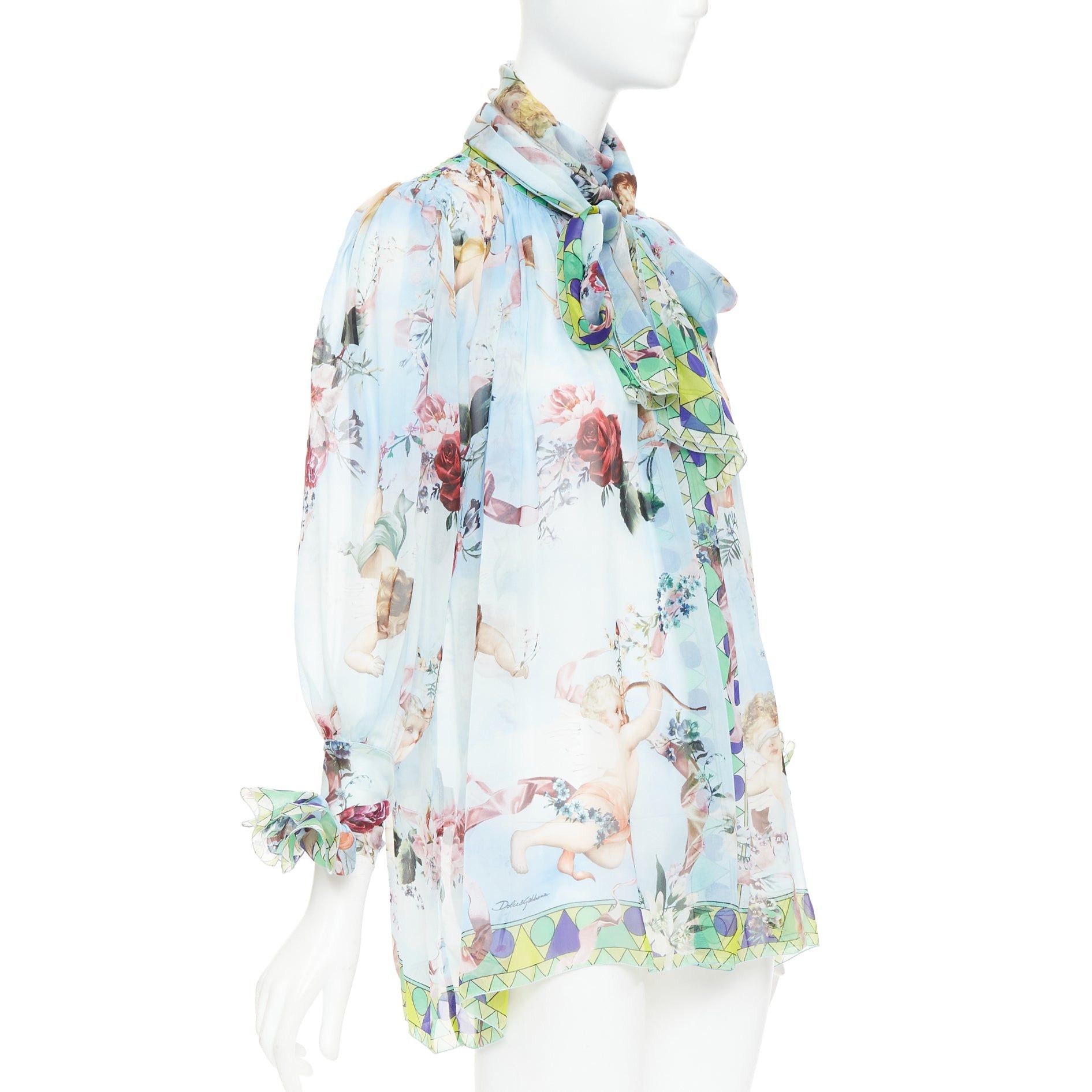 Dolce & Gabbana DOLCE GABBANA 100% silk blue Cherub Cupids print pussybow sheer blouse IT40 S Size S / US 4 / IT 40 - 3 Thumbnail