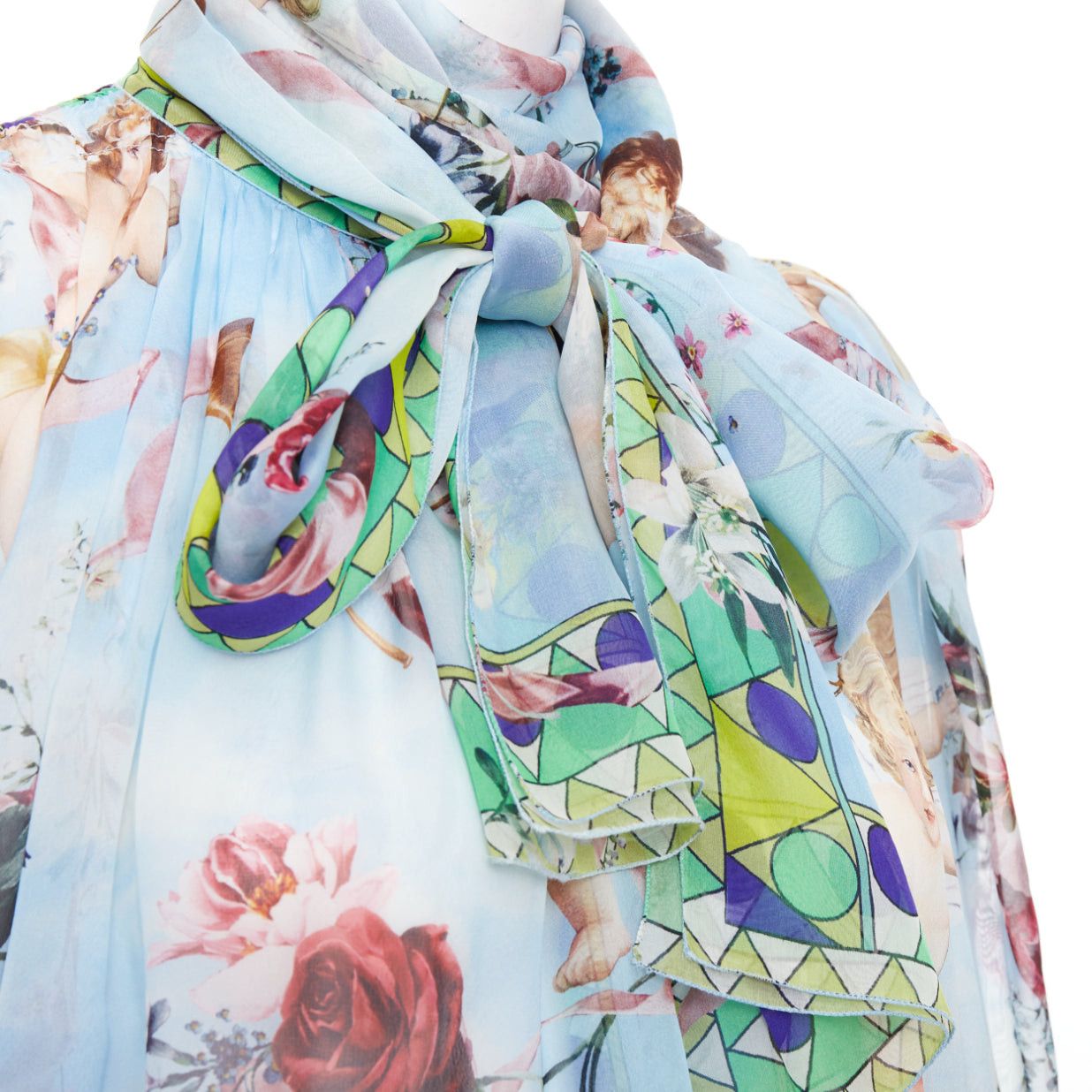 Dolce & Gabbana DOLCE GABBANA 100% silk blue Cherub Cupids print pussybow sheer blouse IT40 S Size S / US 4 / IT 40 - 2 Thumbnail